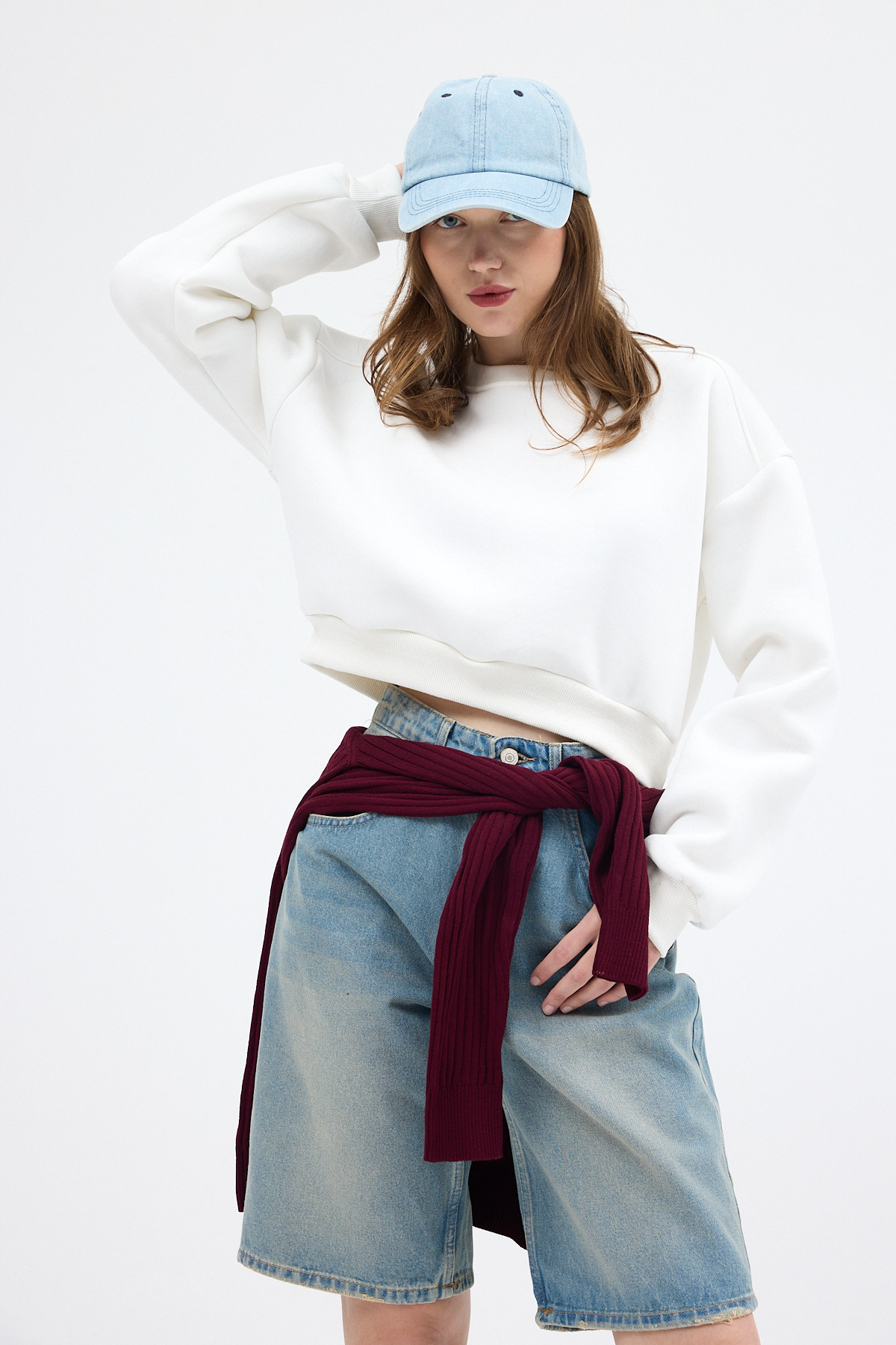 Ekru Kadın Crop Bisiklet Yaka Sweatshirt 9210M - 6