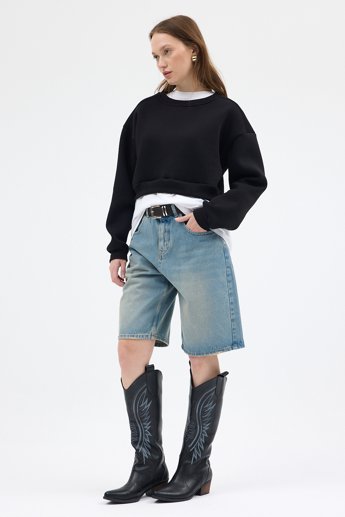 Siyah Kadın Crop Bisiklet Yaka Sweatshirt 9210M - RAYS