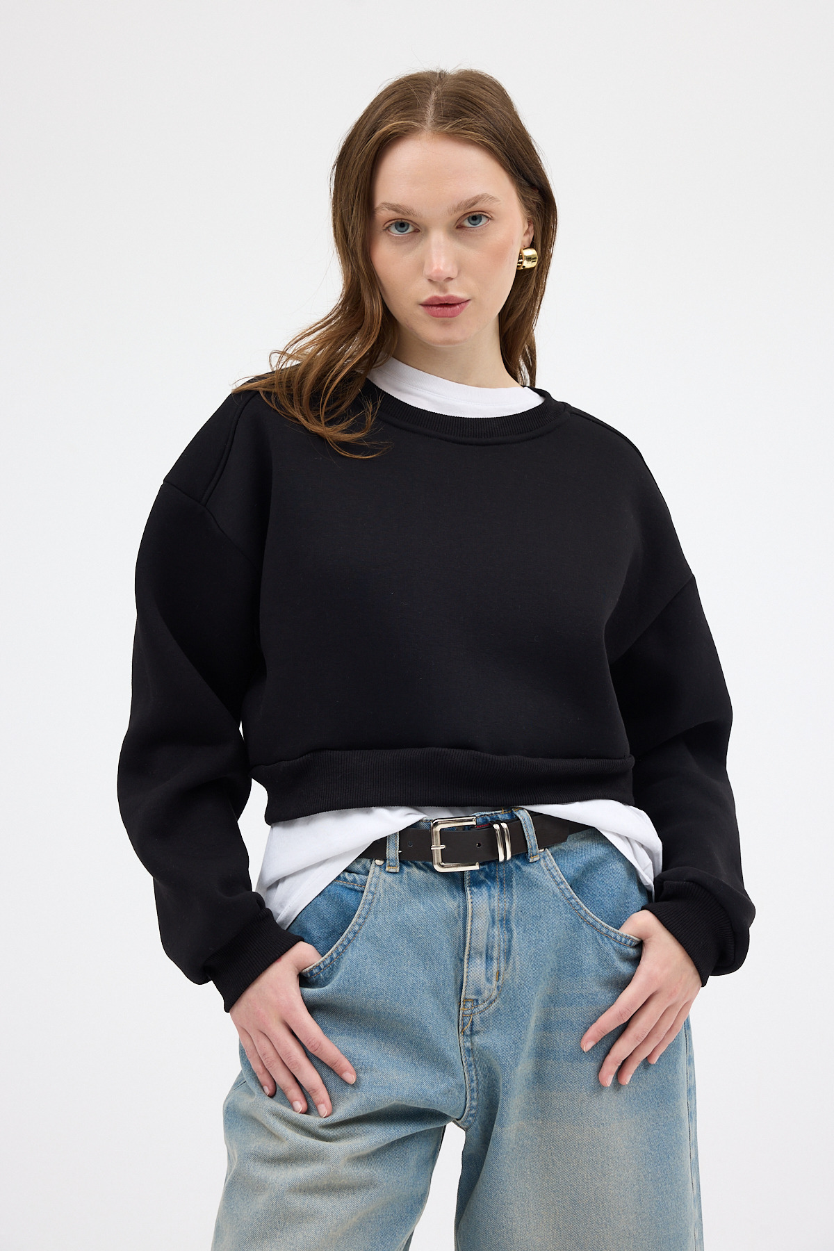 Siyah Kadın Crop Bisiklet Yaka Sweatshirt 9210M - RAYS