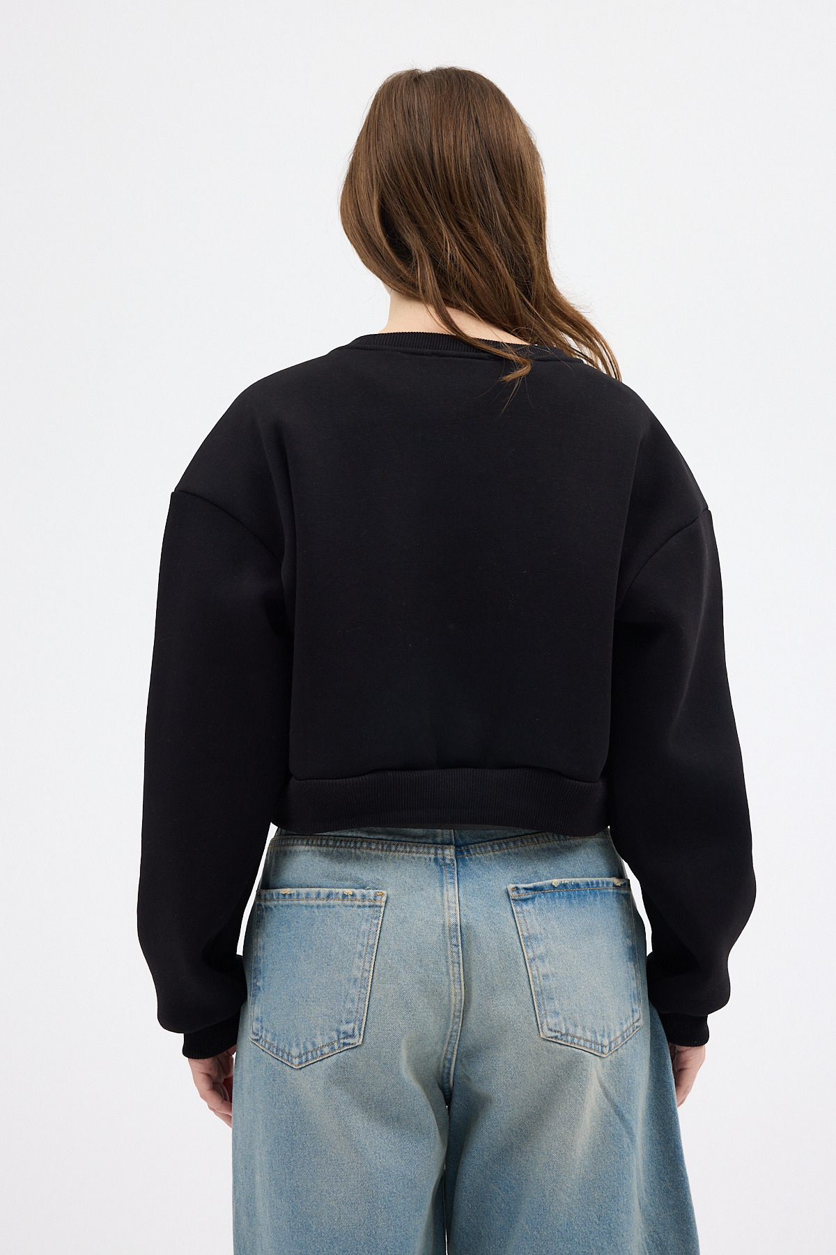 Siyah Kadın Crop Bisiklet Yaka Sweatshirt 9210M - 5