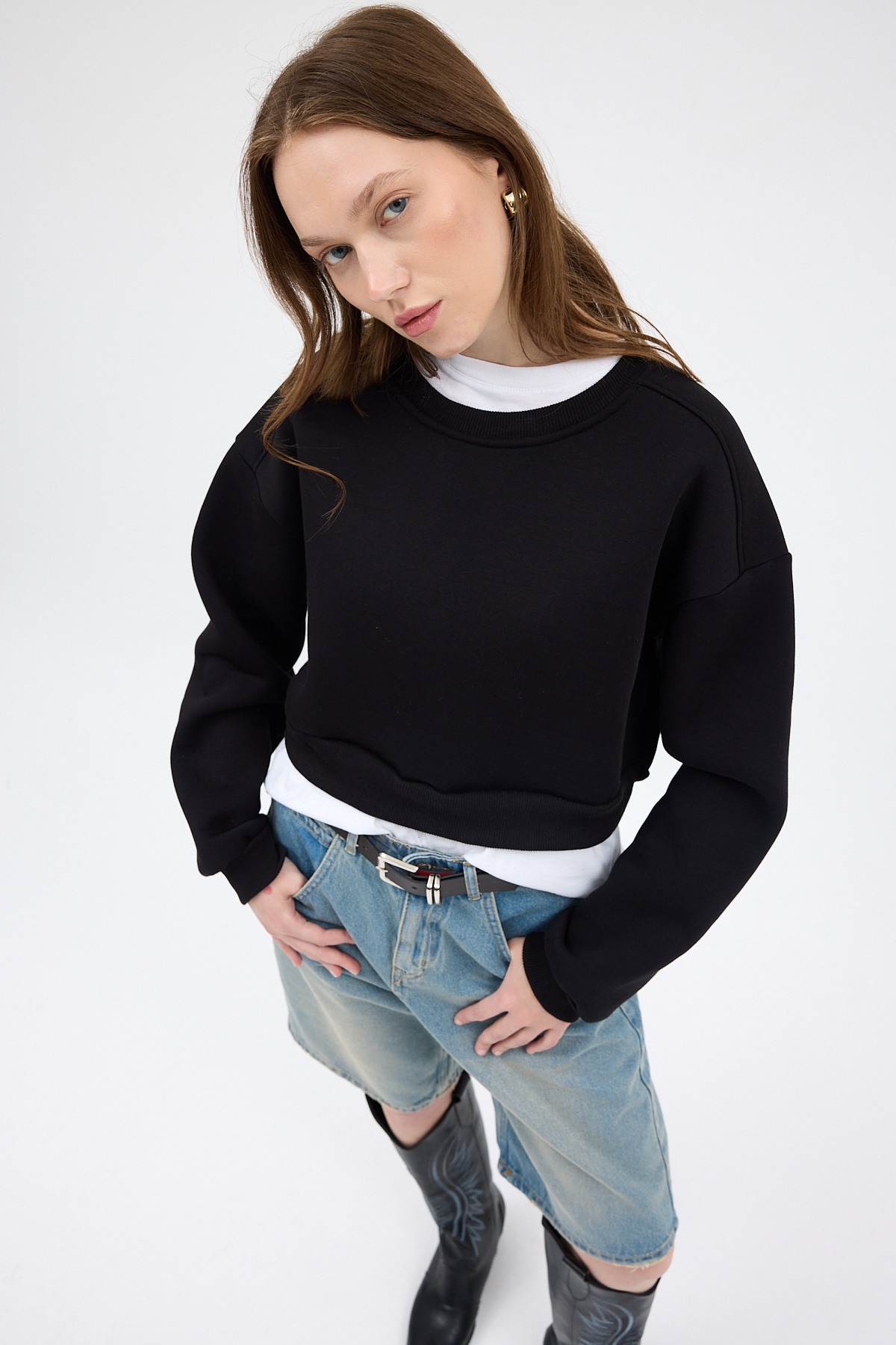 Siyah Kadın Crop Bisiklet Yaka Sweatshirt 9210M - 6