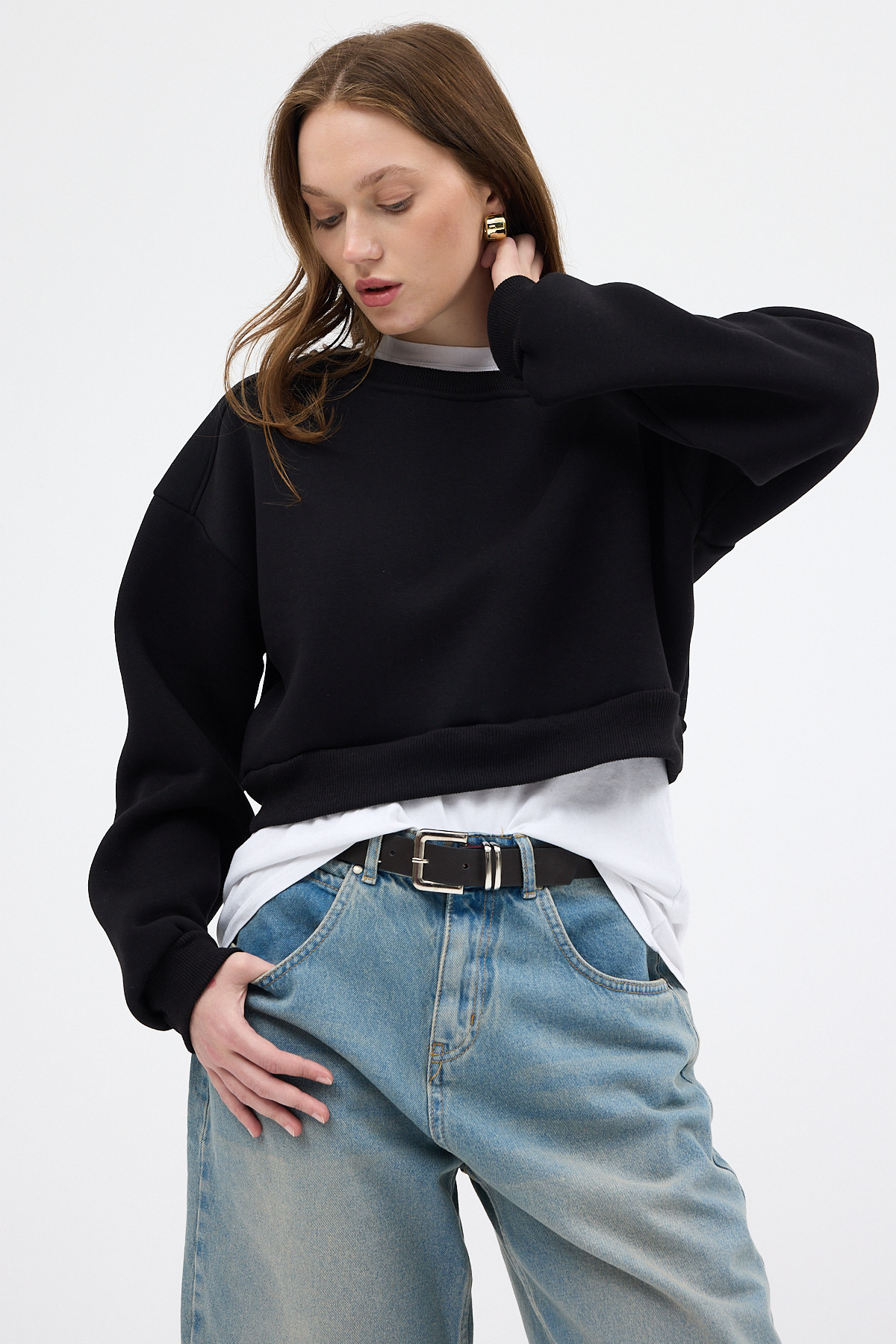 Siyah Kadın Crop Bisiklet Yaka Sweatshirt 9210M - 7