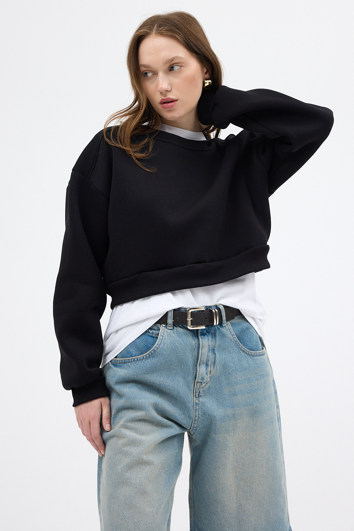 Siyah Kadın Crop Bisiklet Yaka Sweatshirt 9210M 