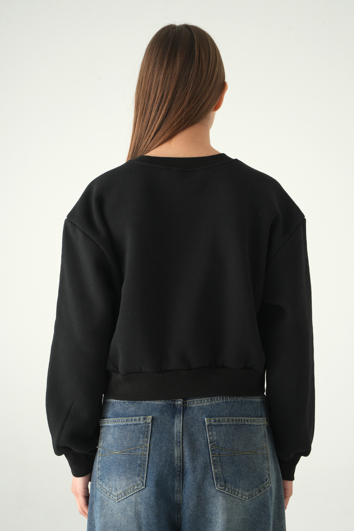 Siyah Kadın Crop Bisiklet Yaka Sweatshirt 9210M - 5