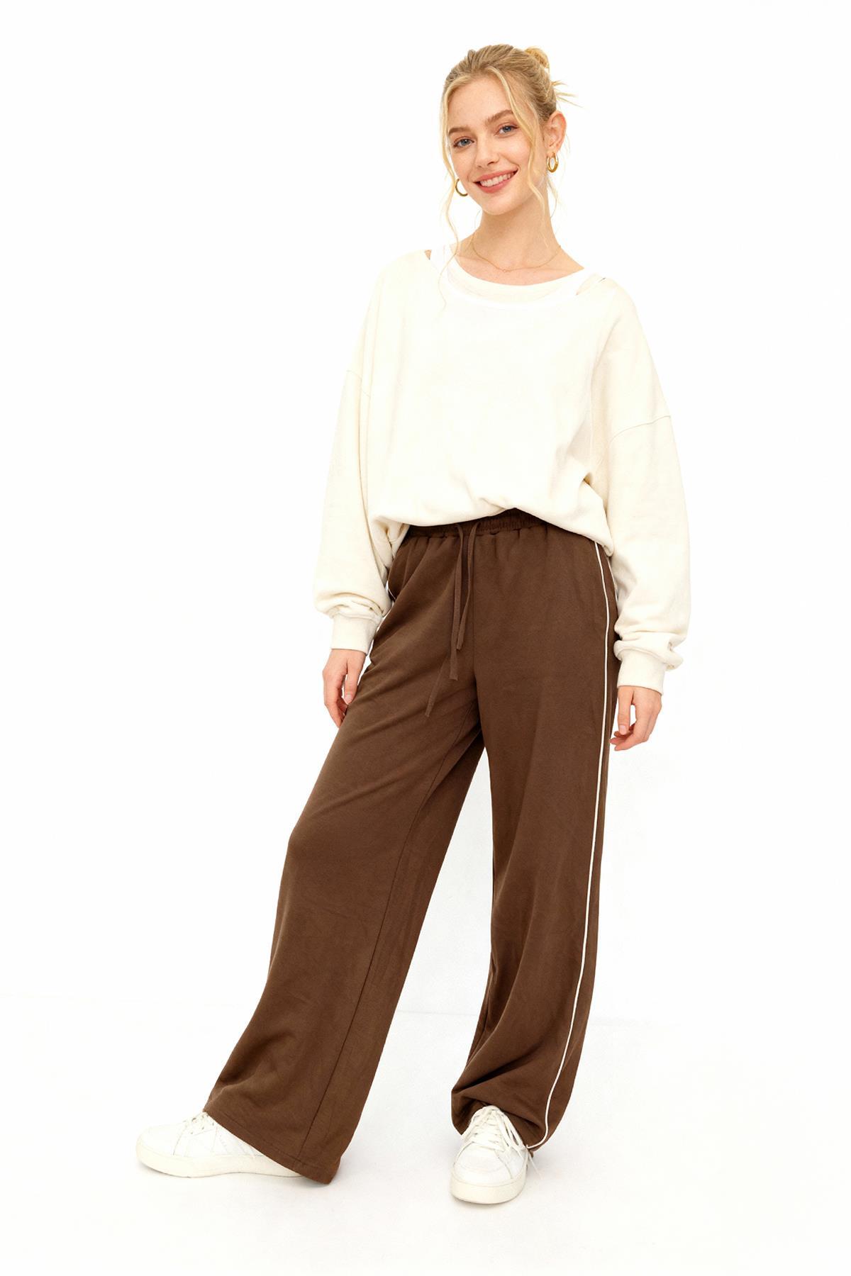 9212M Palazzo Çizgli Eşofman Kahve - 1