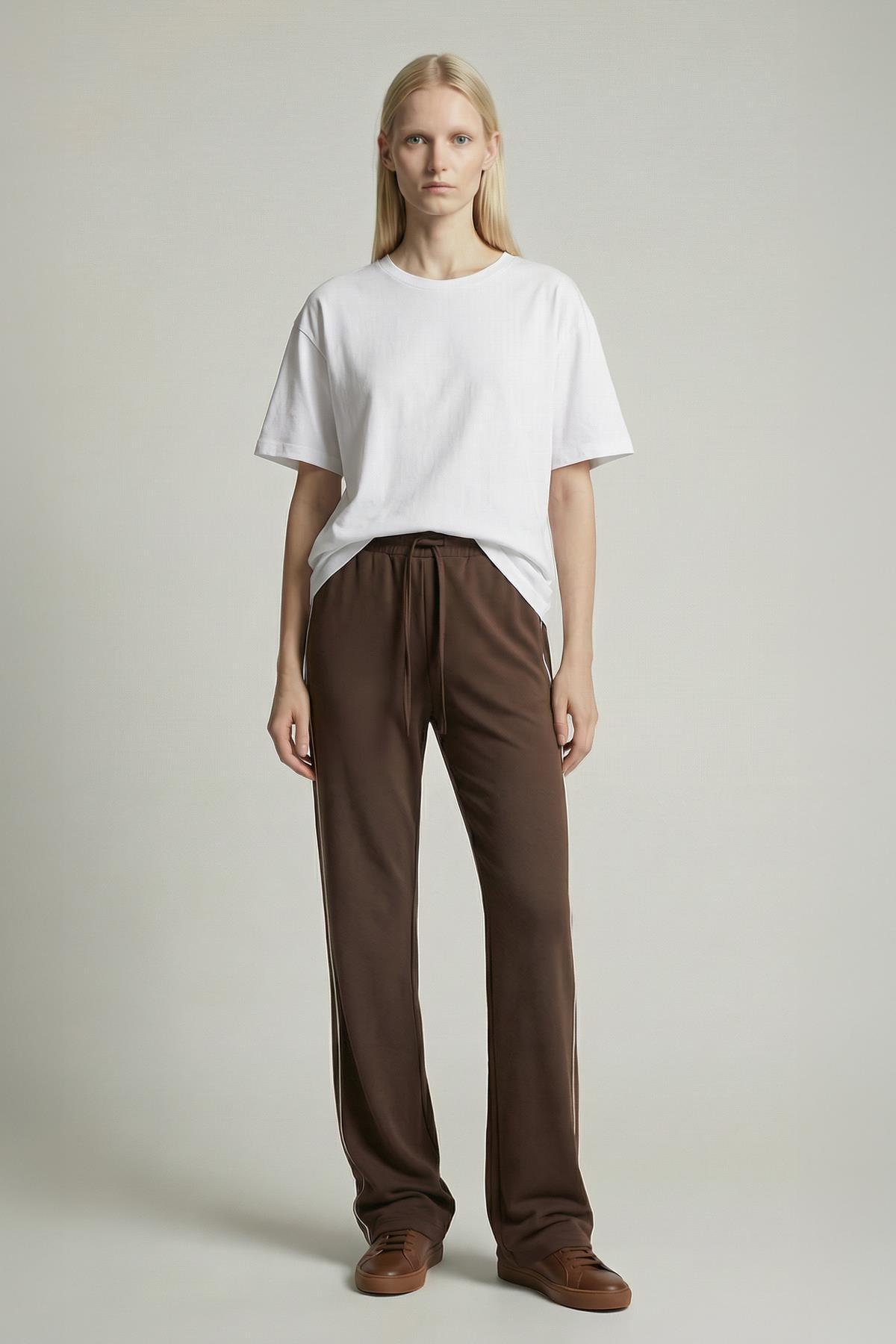 9212M Palazzo Çizgli Eşofman Kahve 