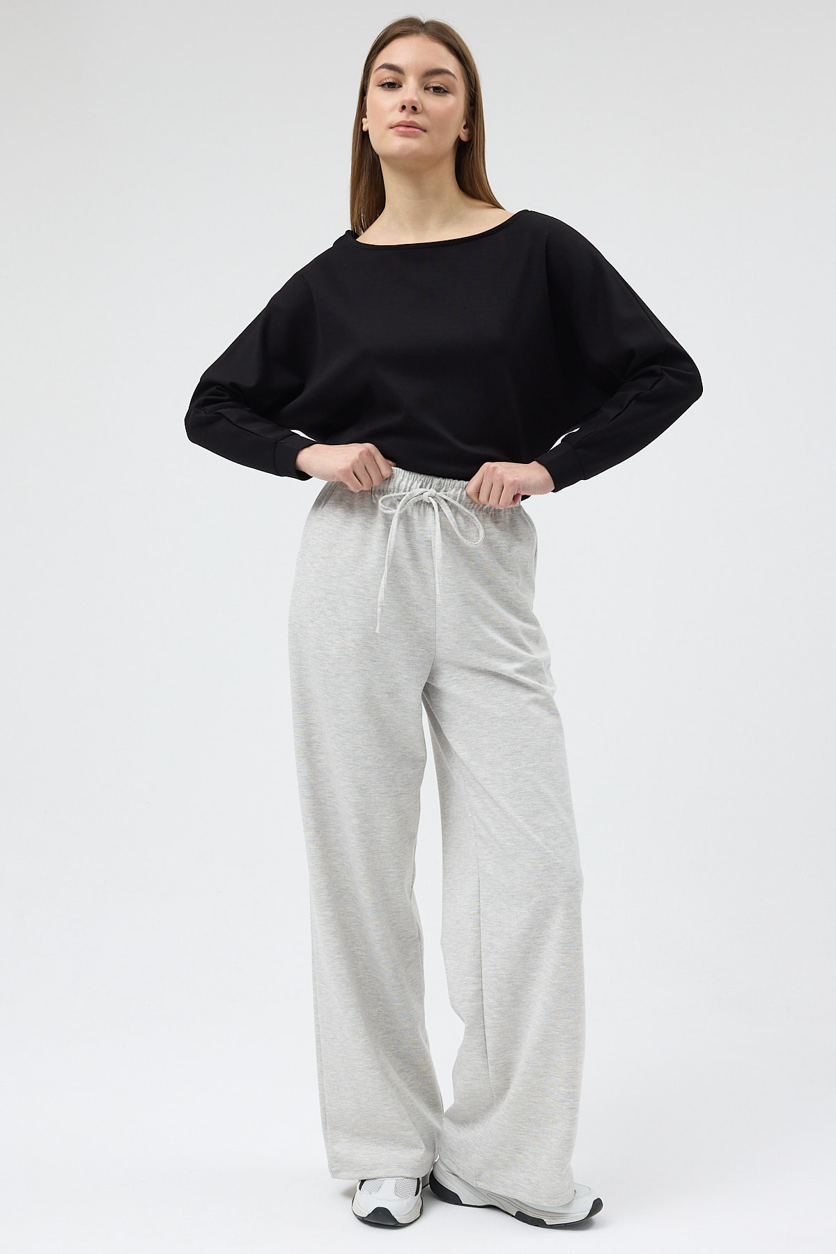 Gri Bel Lastikli Geniş Paça Kadın Eşofman Altı 9214M - 1