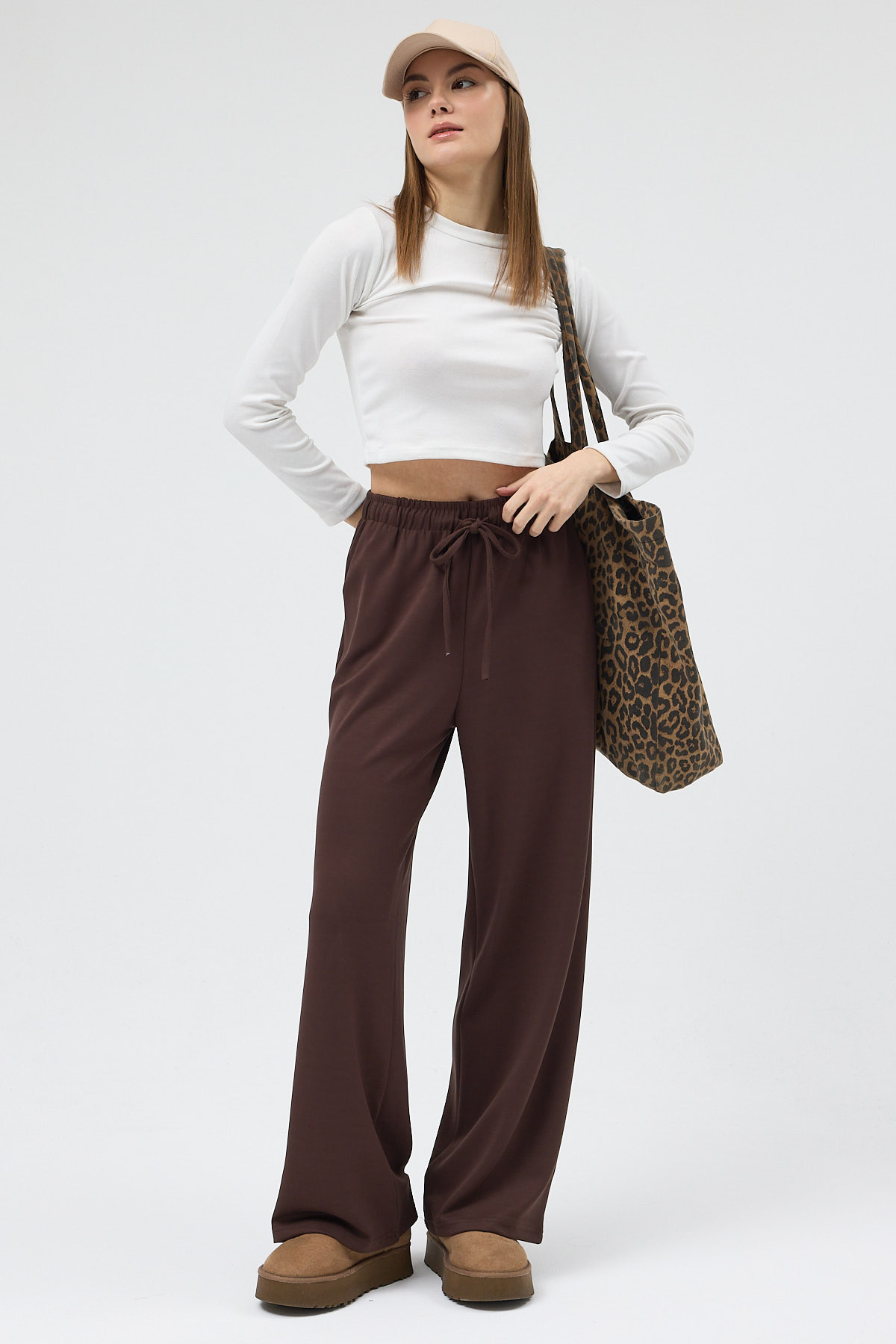 Kahverengi Bel Lastikli Geniş Paça Kadın Eşofman Altı 9214M - 6