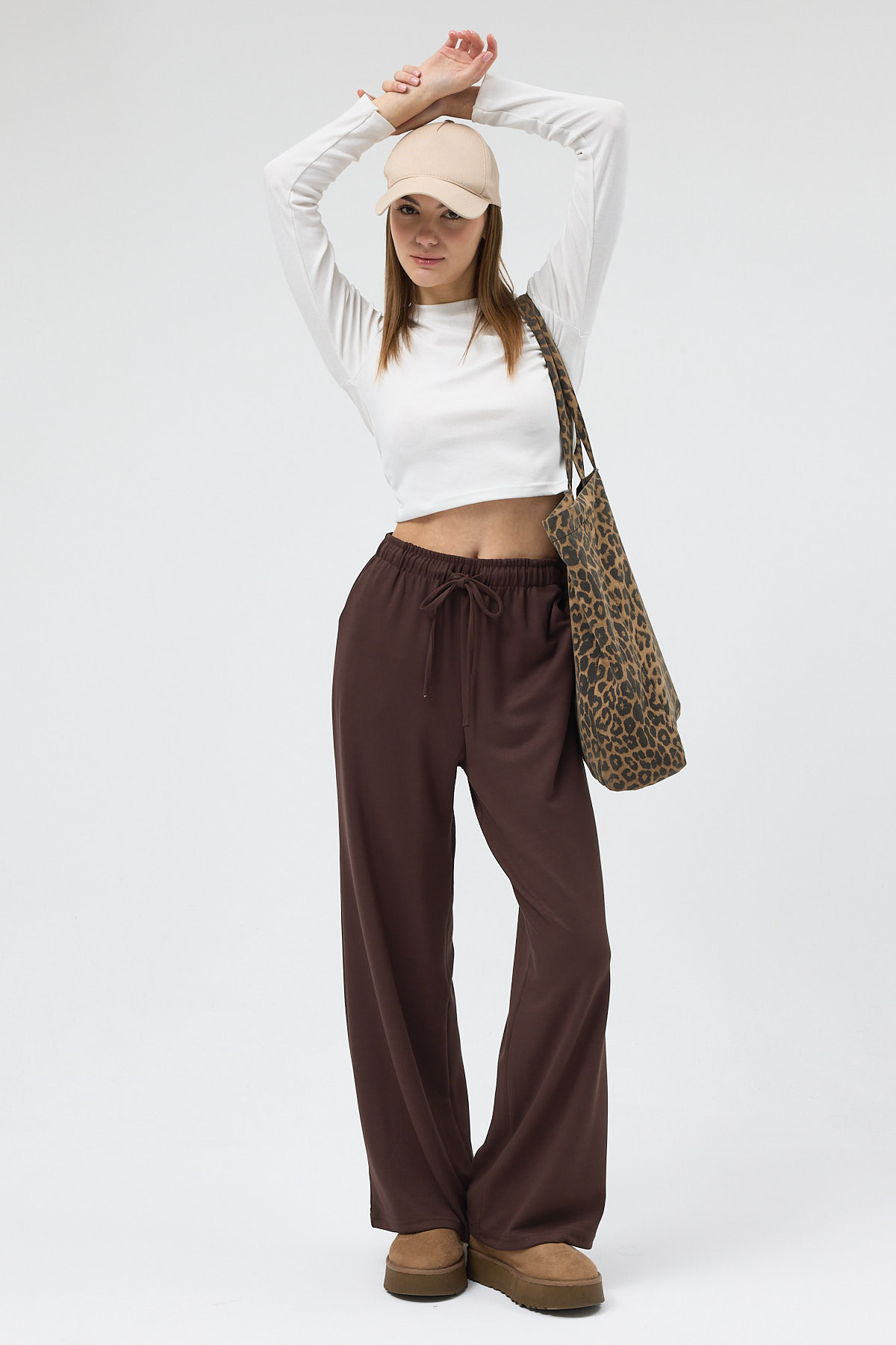 Kahverengi Bel Lastikli Geniş Paça Kadın Eşofman Altı 9214M - 1
