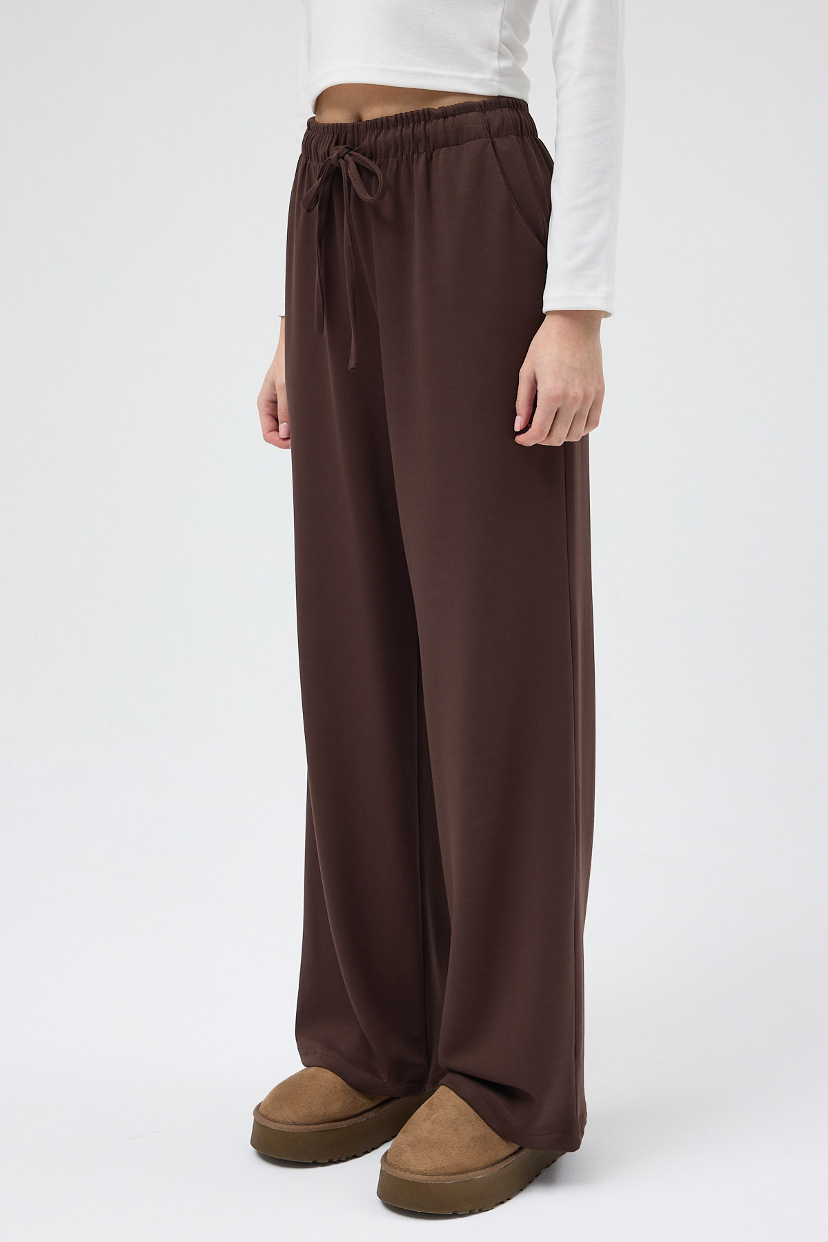 Kahverengi Bel Lastikli Geniş Paça Kadın Eşofman Altı 9214M - 3