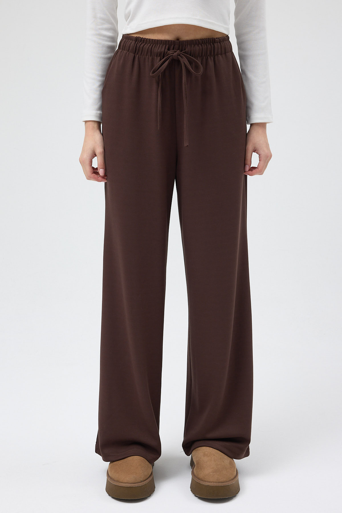 Kahverengi Bel Lastikli Geniş Paça Kadın Eşofman Altı 9214M - 2