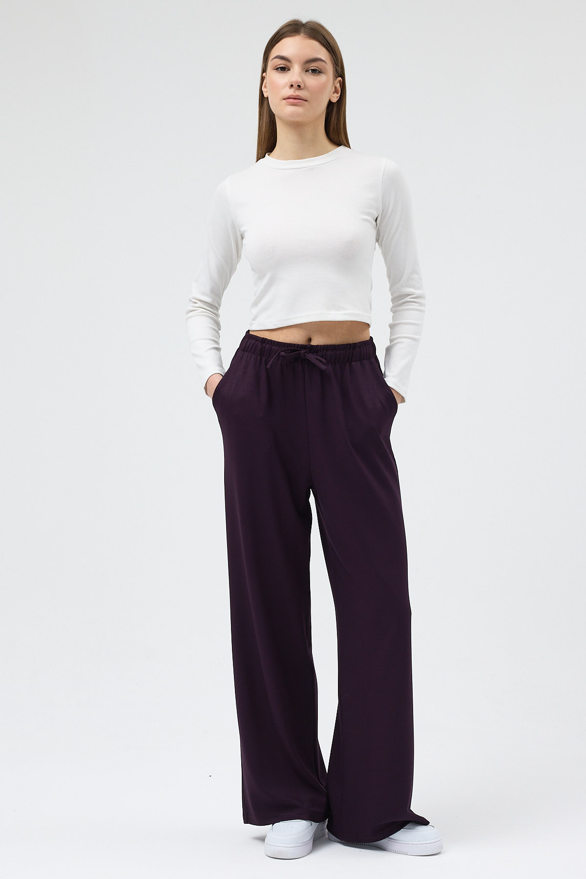 Mürdüm Bel Lastikli Geniş Paça Kadın Eşofman Altı 9214M 