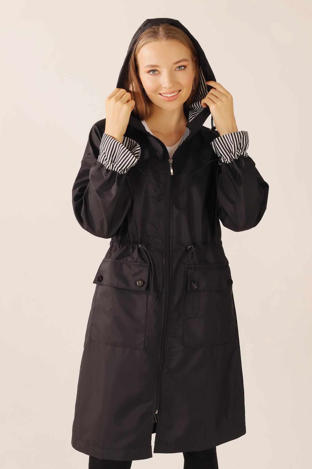 9225 Kapüşonlu Bel Lastikli Trençkot Siyah 