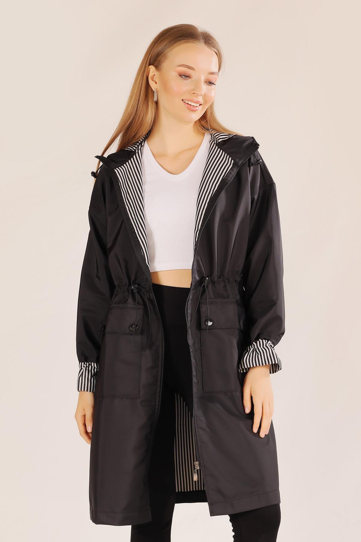 9225 Kapüşonlu Bel Lastikli Trençkot Siyah - 2