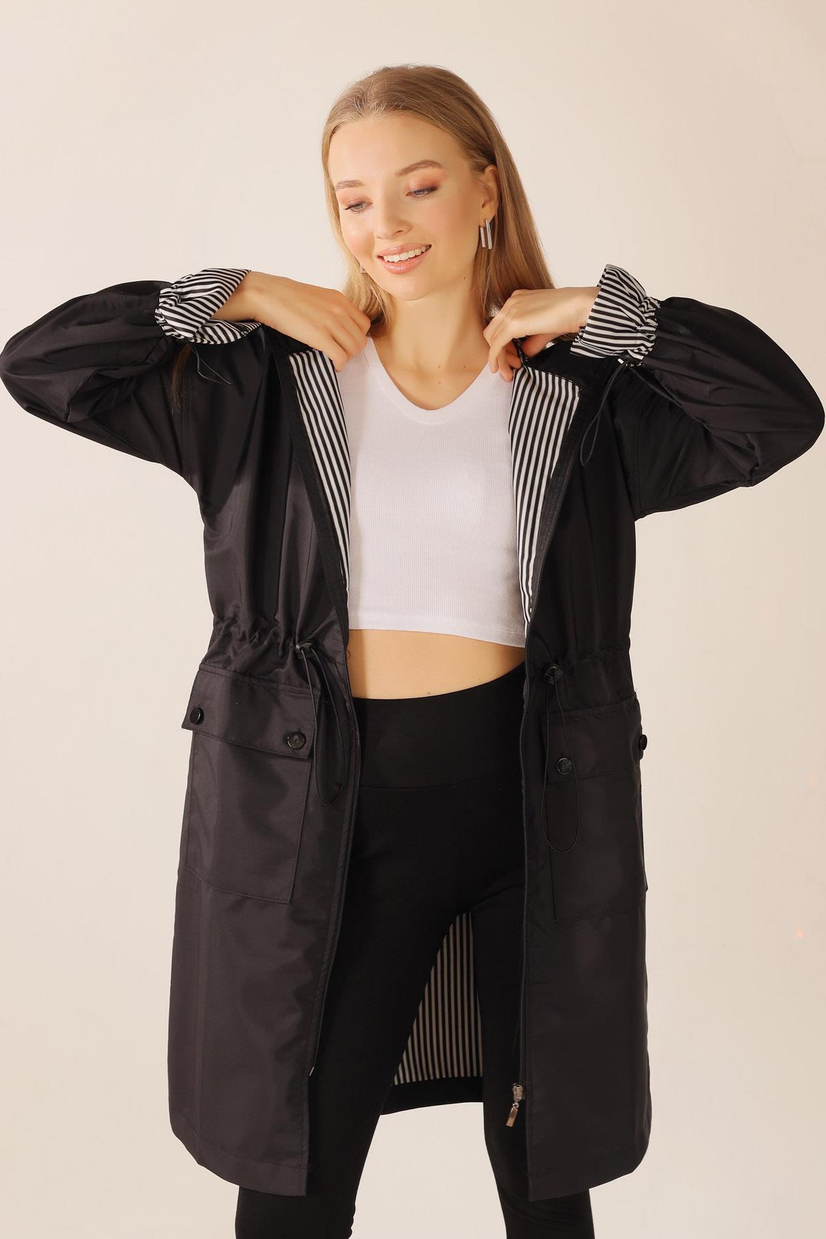 Siyah Kapüşonlu Bel Lastikli Trençkot 9225 - 3