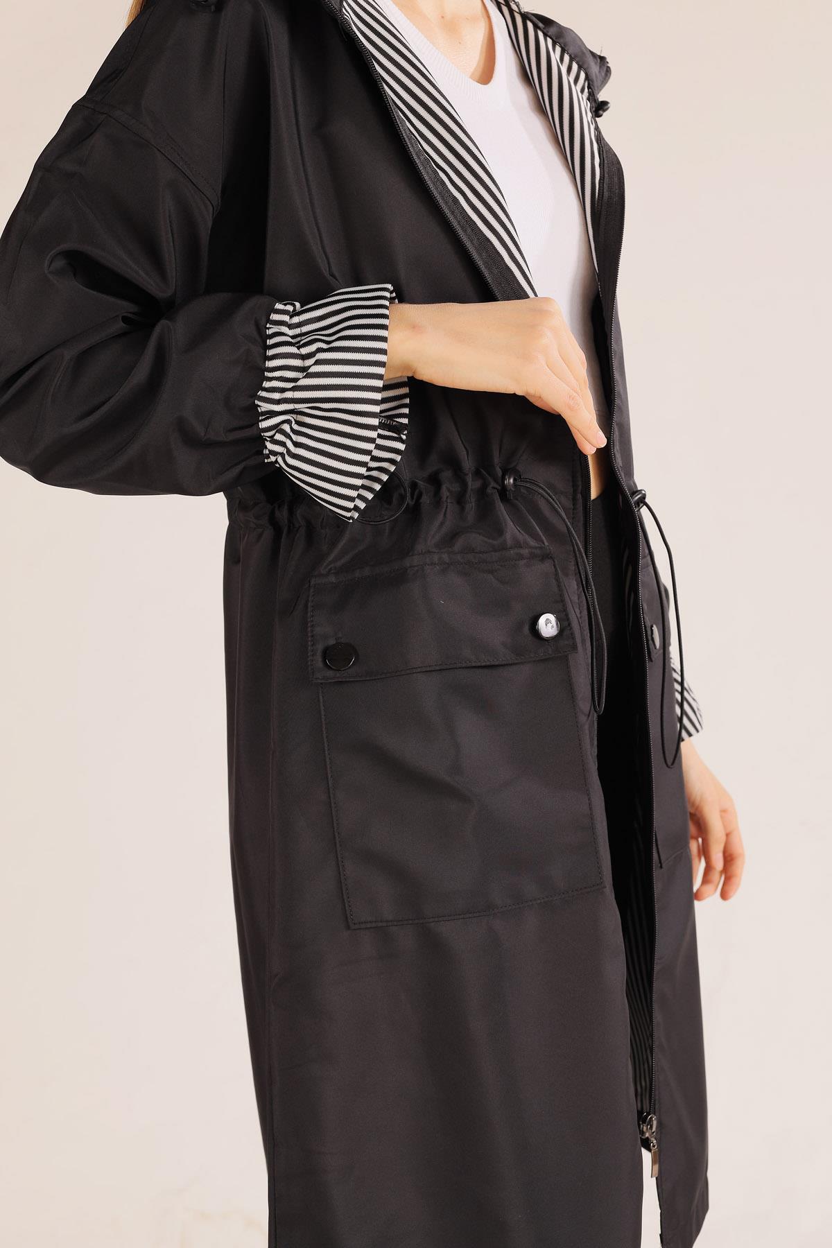 Siyah Kapüşonlu Bel Lastikli Trençkot 9225 - 6