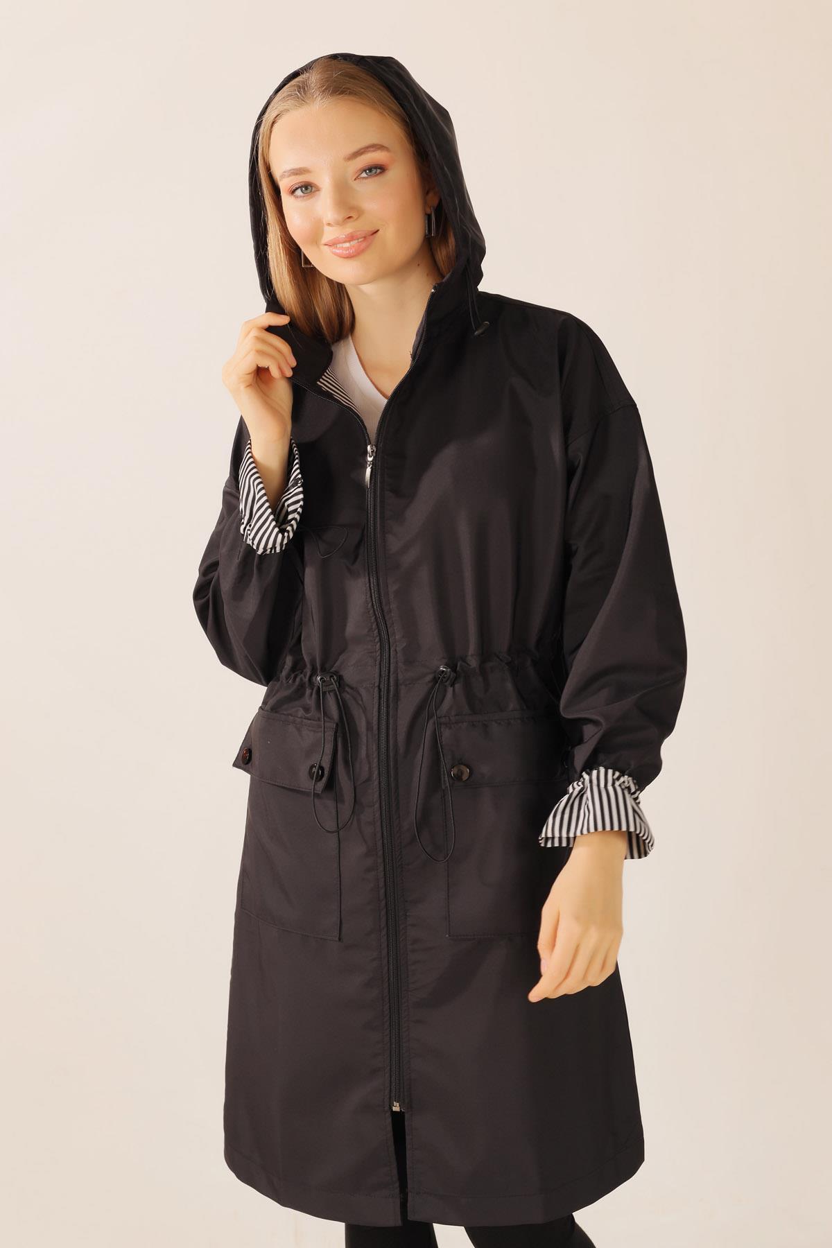 Siyah Kapüşonlu Bel Lastikli Trençkot 9225 - 7