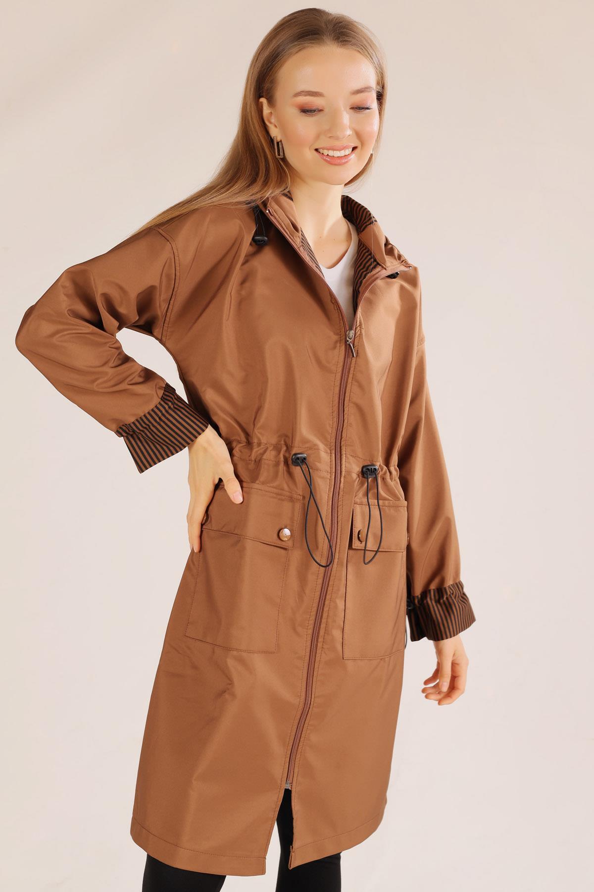 9225 Kapüşonlu Bel Lastikli Trençkot Taba - 6