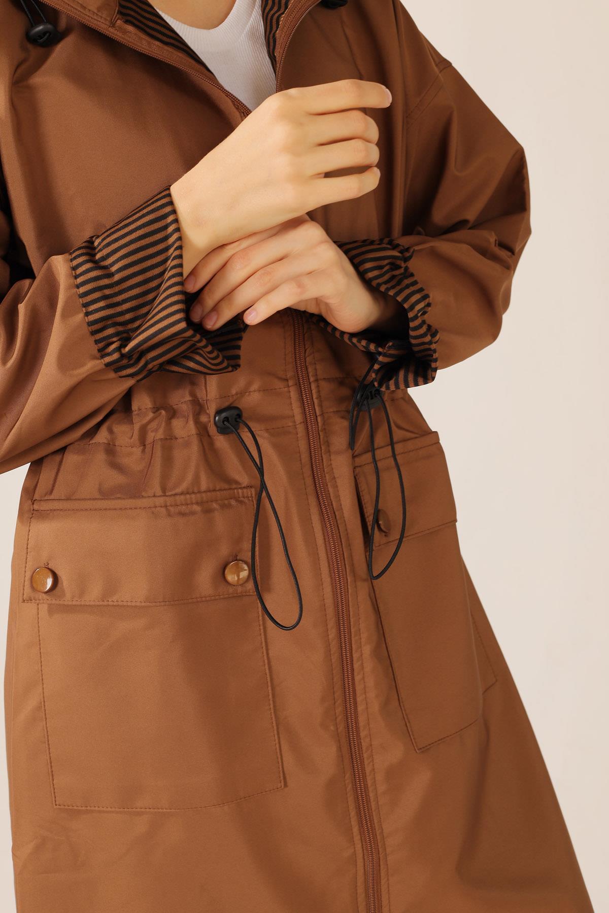 Taba Kapüşonlu Bel Lastikli Trençkot 9225 - 4