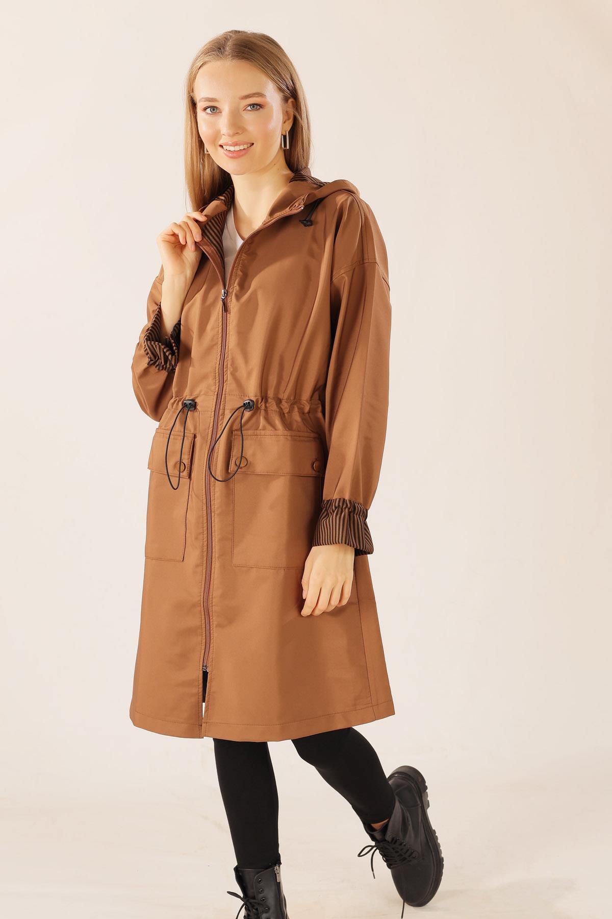 Taba Kapüşonlu Bel Lastikli Trençkot 9225 - 5