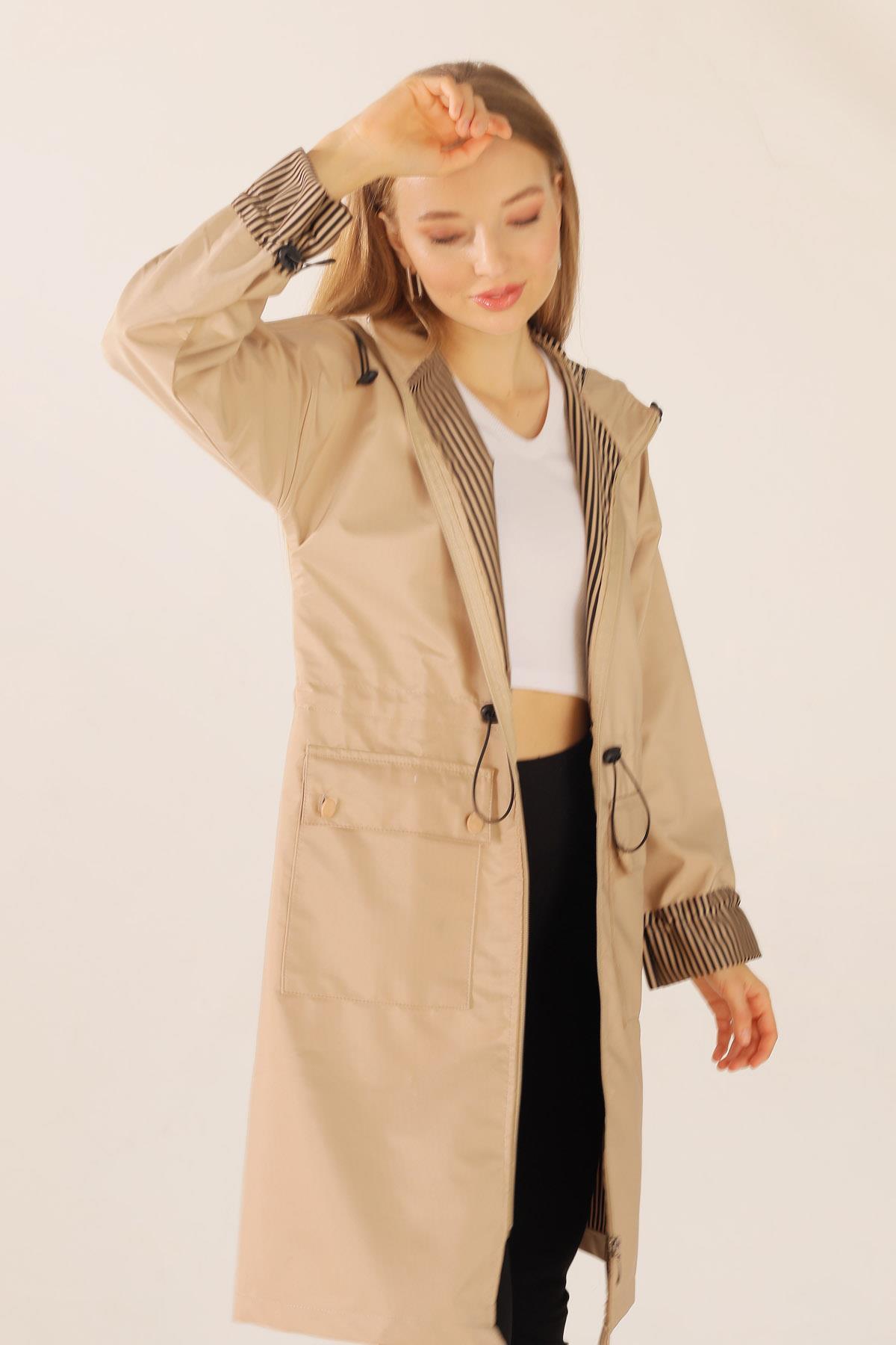 9225 Kapüşonlu Bel Lastikli Trençkot Taş - 2