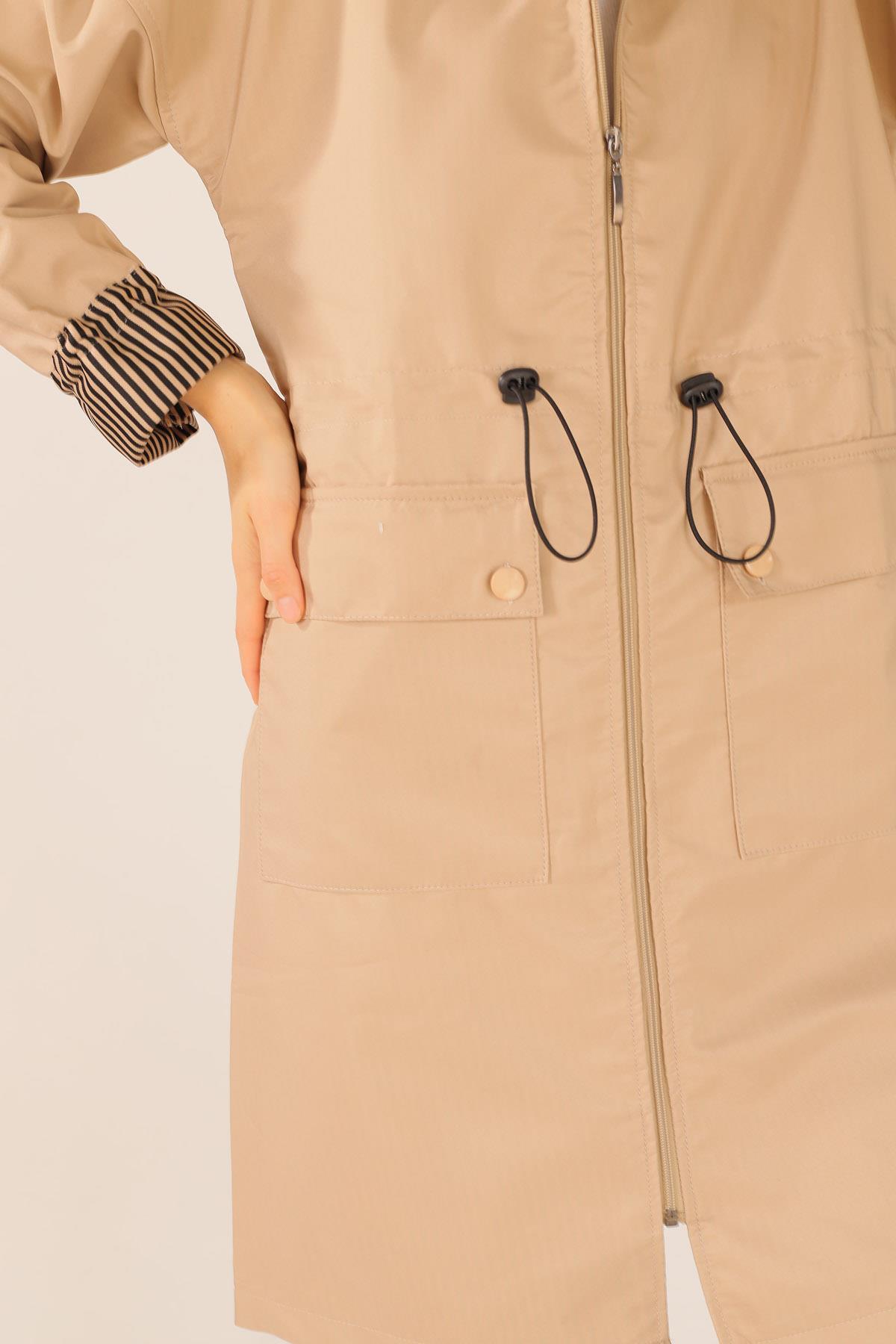 9225 Kapüşonlu Bel Lastikli Trençkot Taş - 7