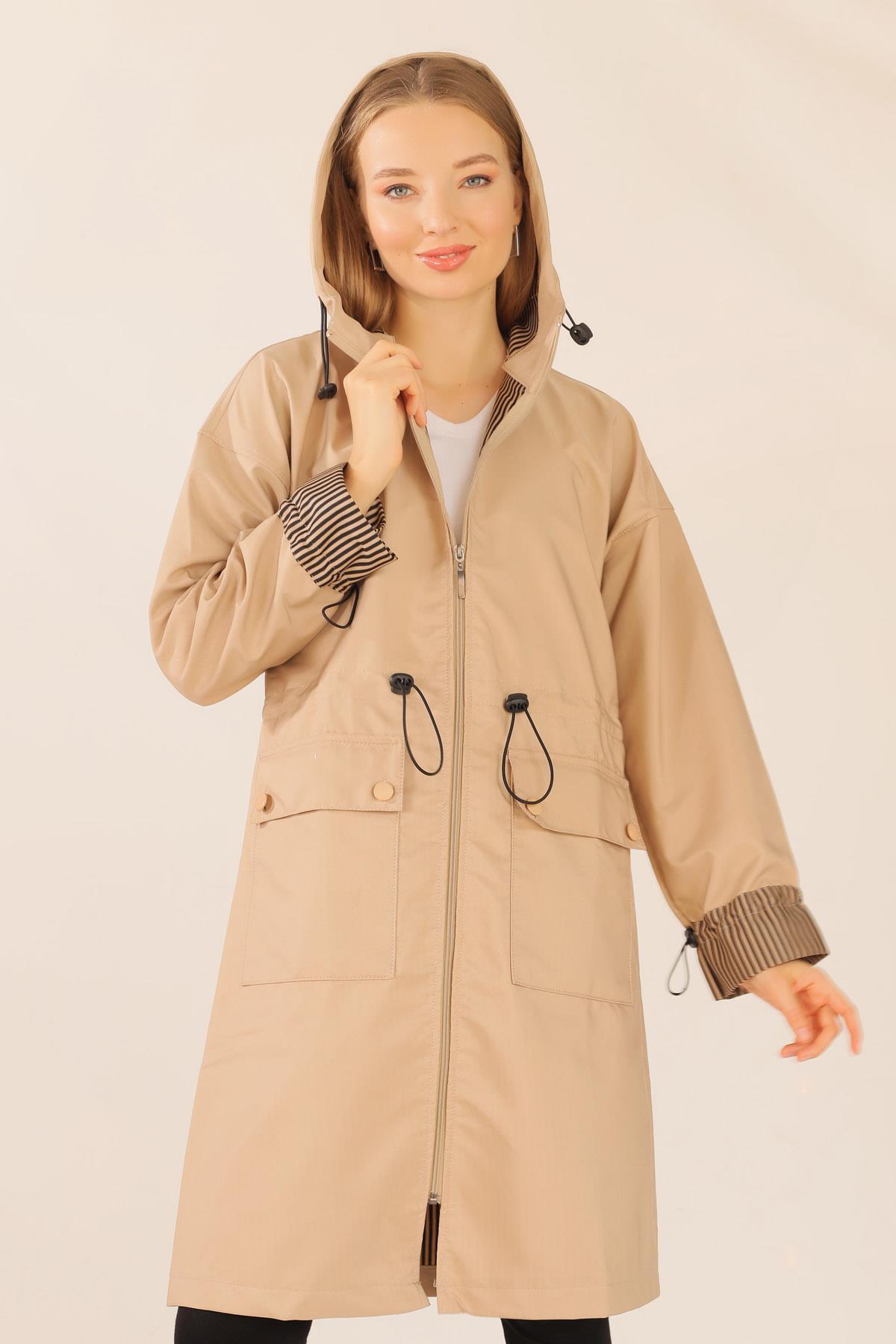 Taş Kapüşonlu Bel Lastikli Trençkot 9225 - 4