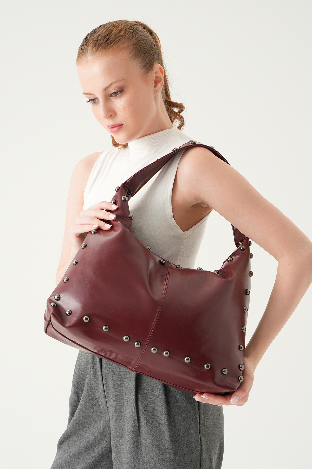 Bordo Zımbalı Omuz Çantası 9225 - 3