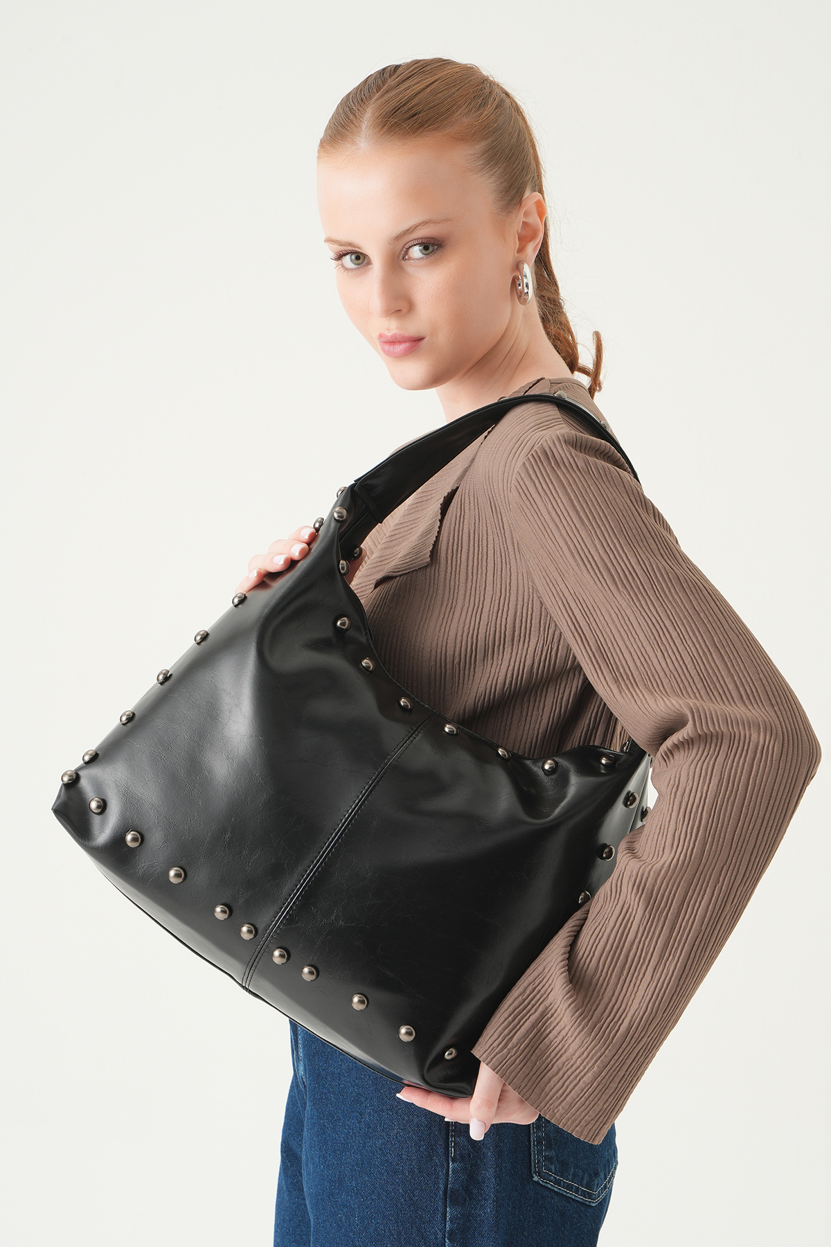 Siyah Zımbalı Omuz Çantası 9225 - 2