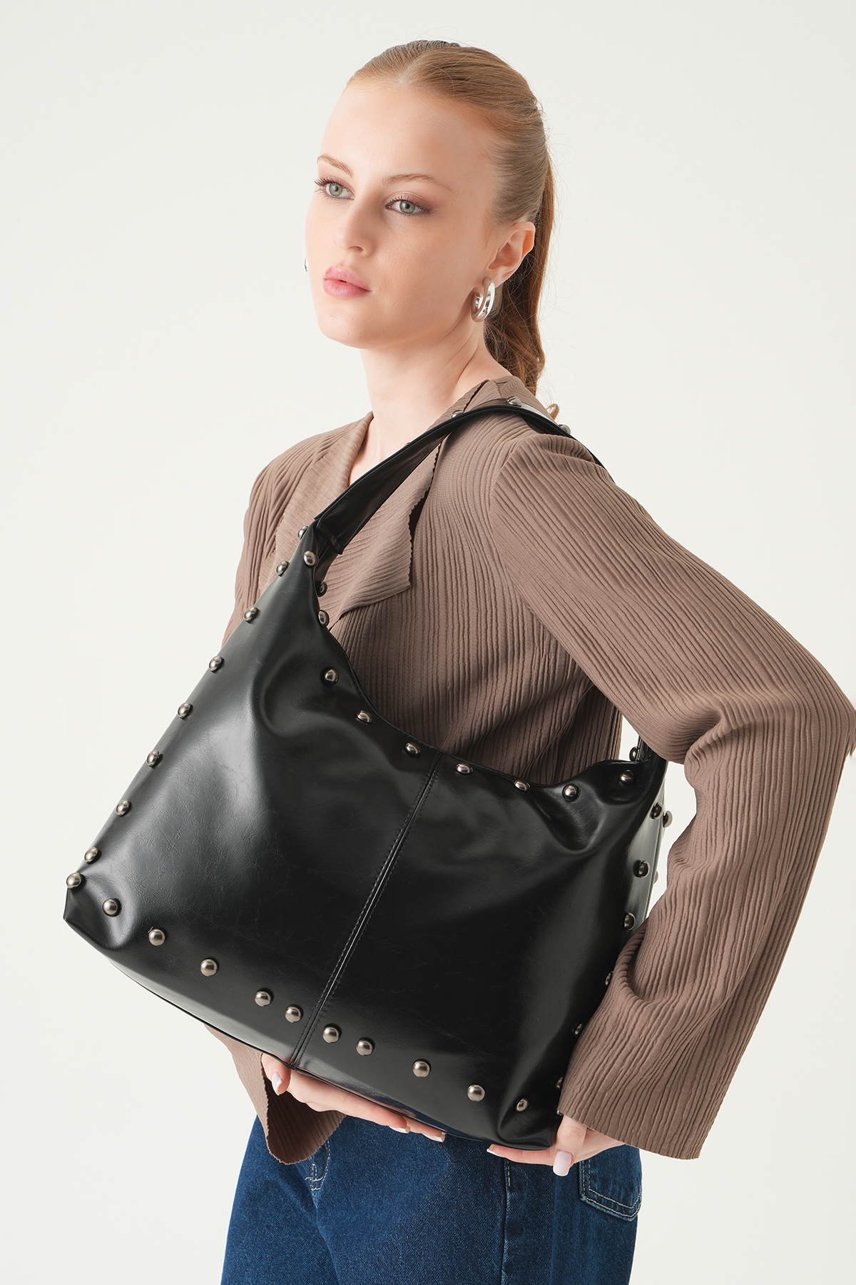 Siyah Zımbalı Omuz Çantası 9225 - 3