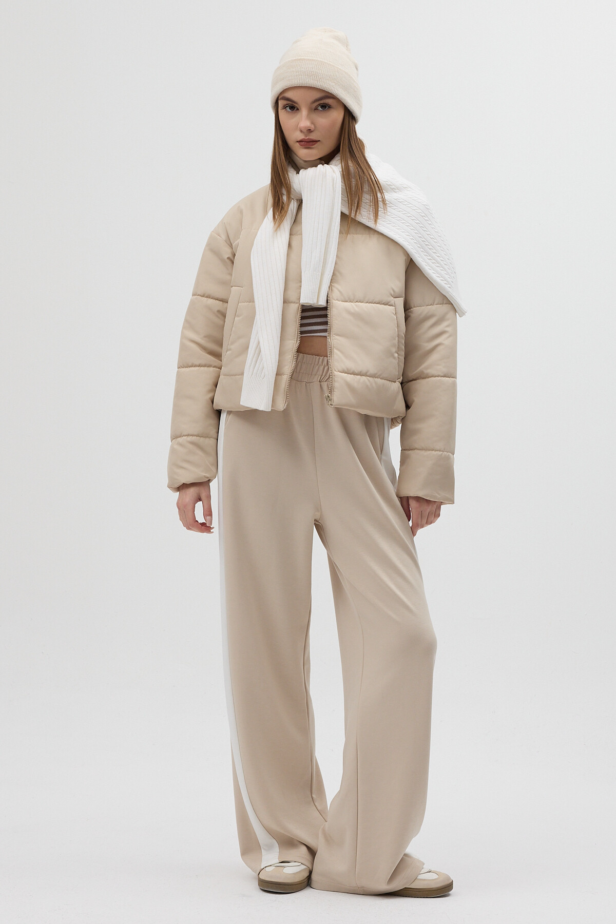 Bej Yanları Şeritli Bel Lastikli Geniş Paça Kadın Eşofman Altı 9226M - 7