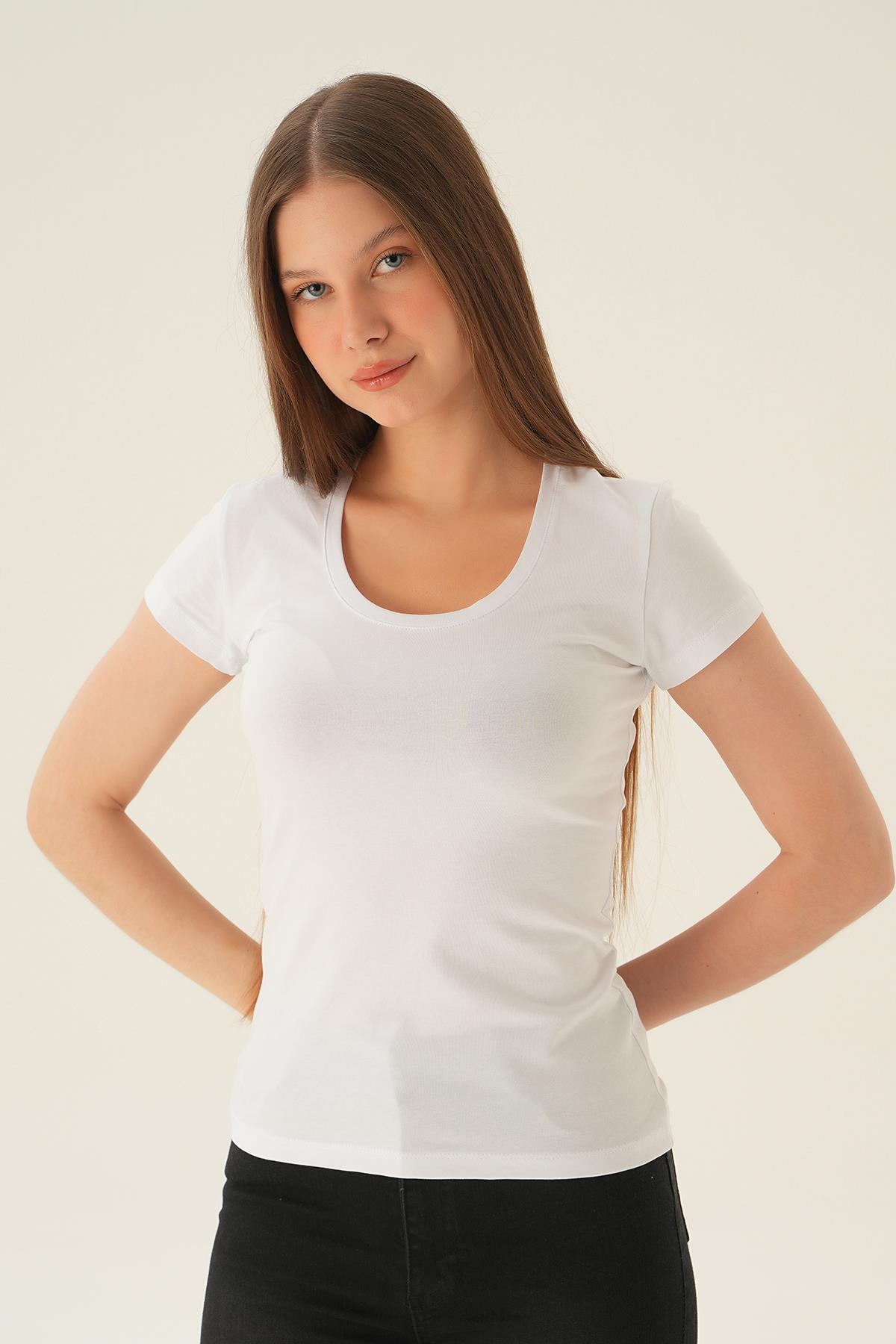 Beyaz U Yaka Tişört 923 - 1