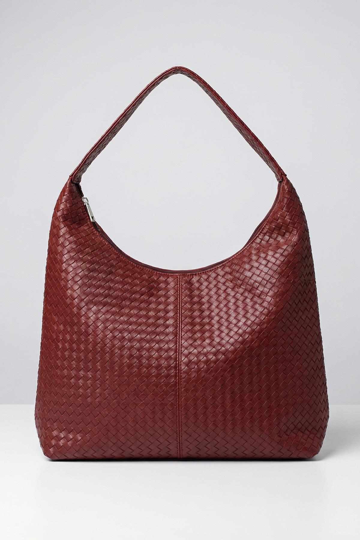 Bordo Fermuarlı Örgülü Çanta 9230 - 1