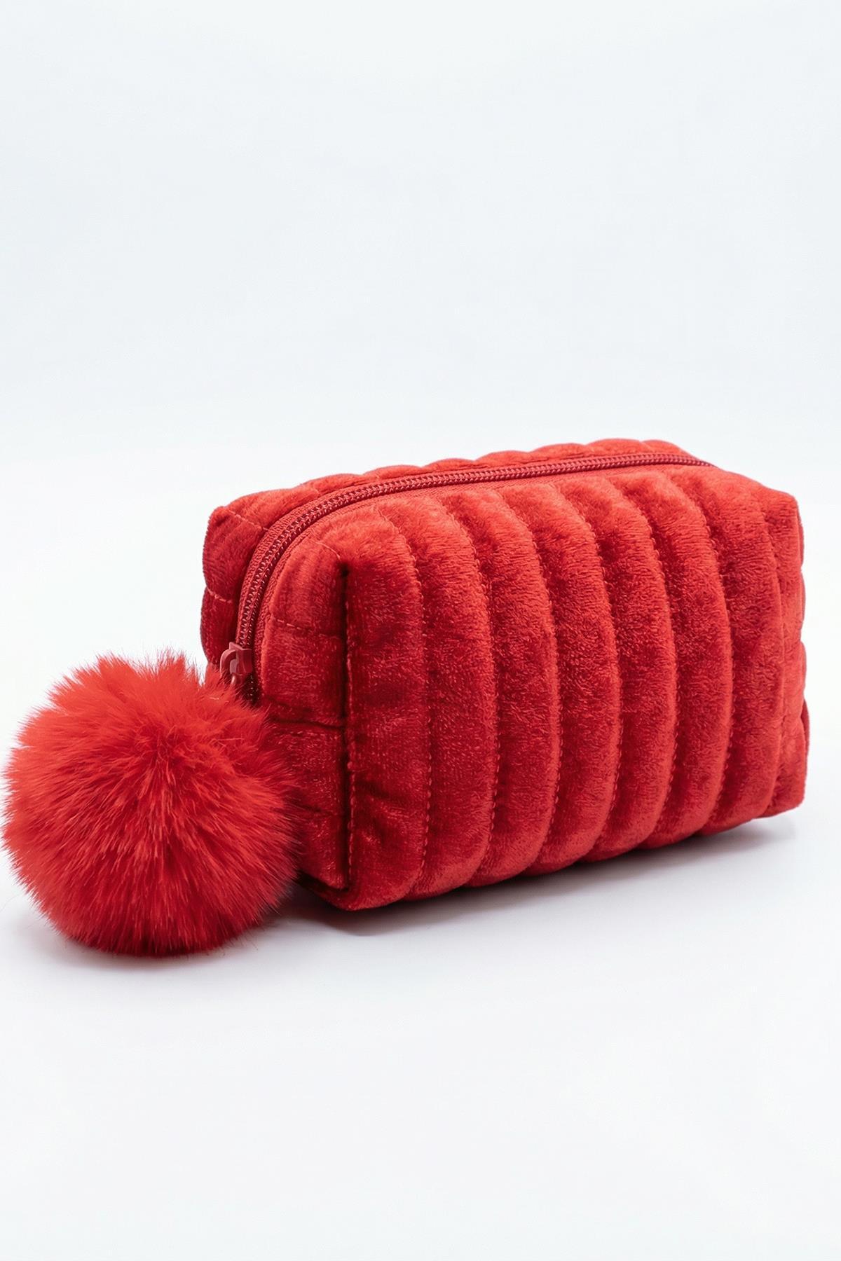  Ponponlu Makyaj Çantası Kırmızı 9230 - RAYS