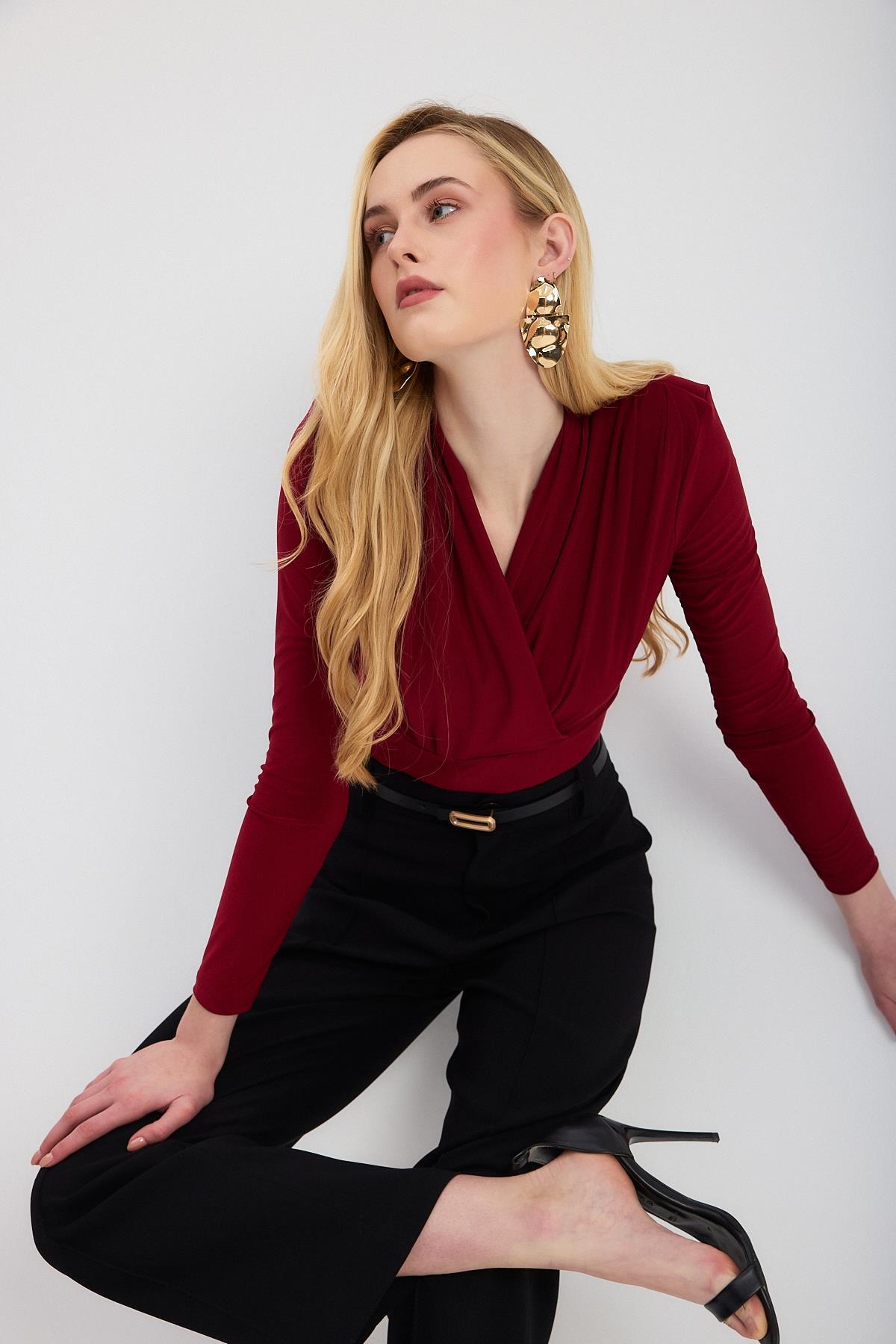 9256 Kruvaze Yaka Vatkalı Bluz Bordo - 1