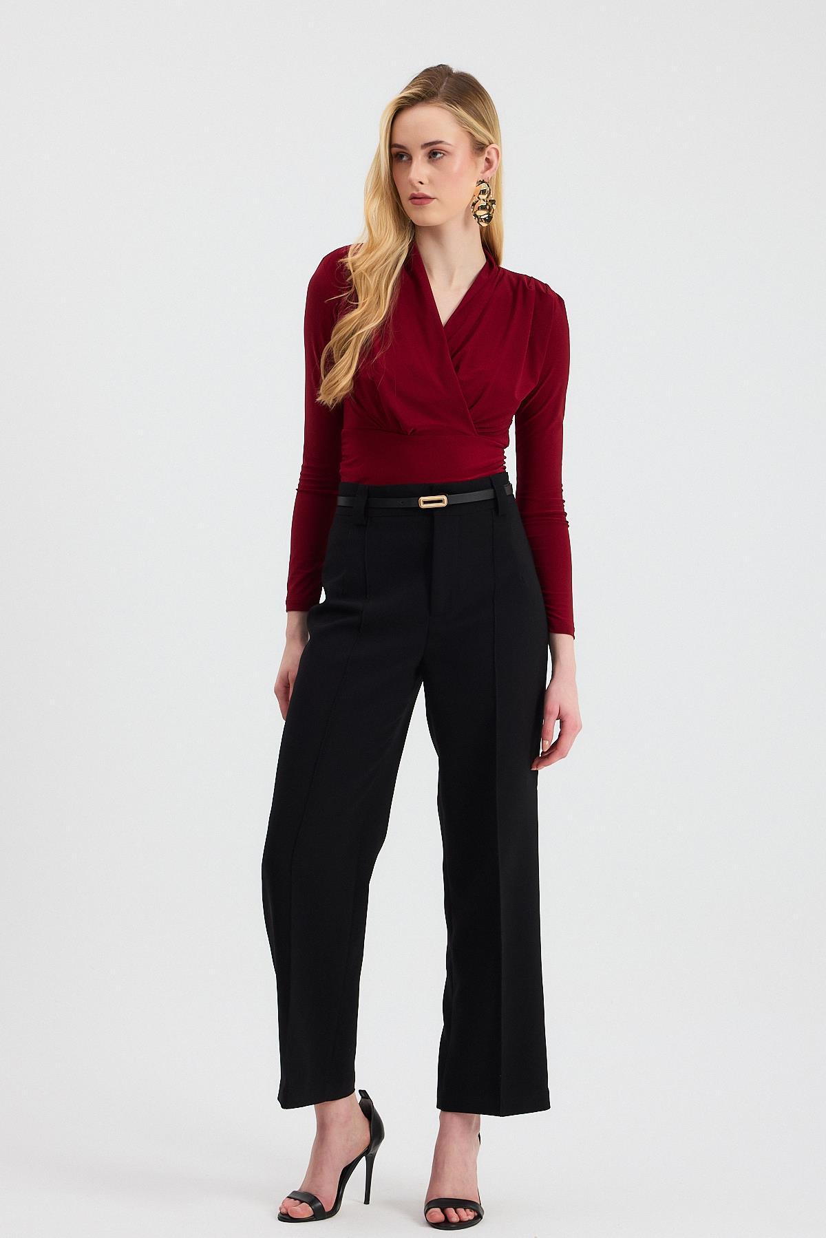 Bordo Kruvaze Yaka Vatkalı Bluz 9256 - 3