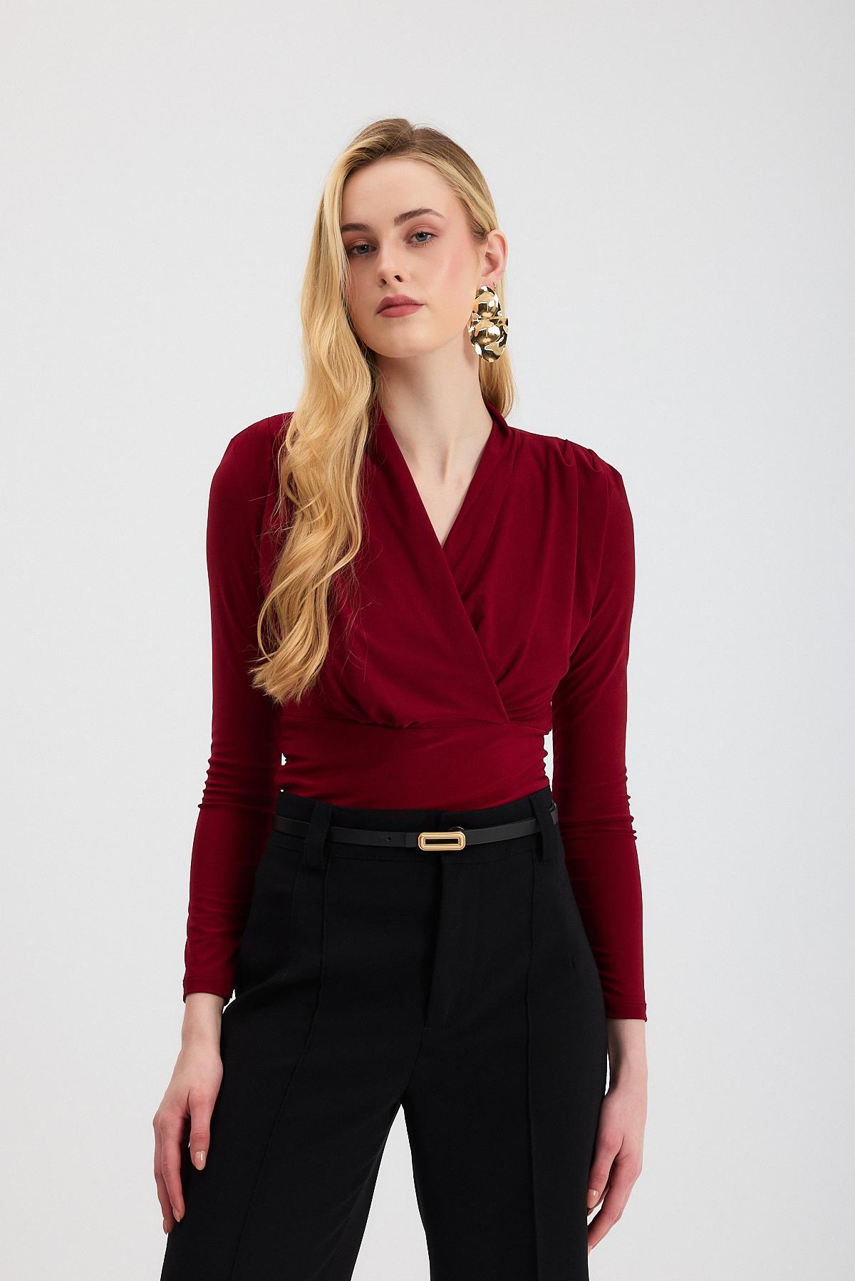 9256 Kruvaze Yaka Vatkalı Bluz Bordo - 2