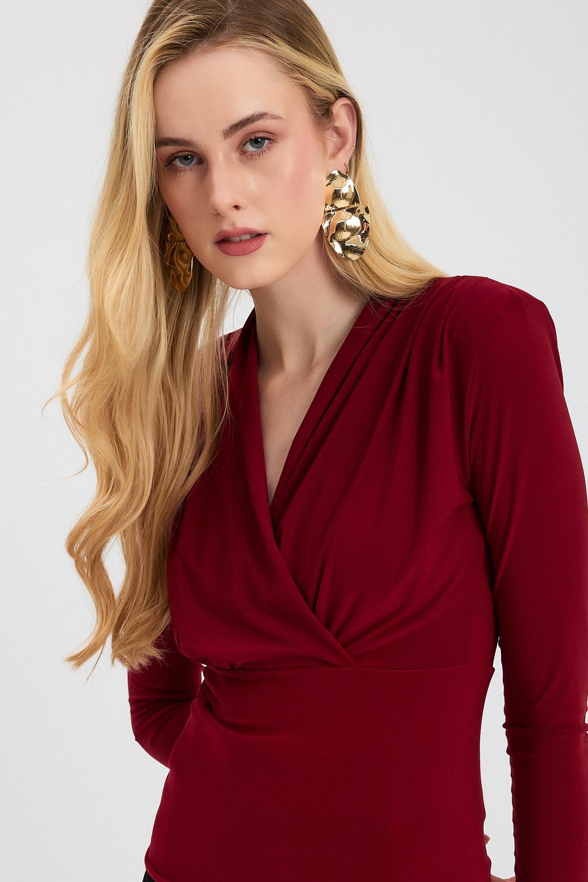 9256 Kruvaze Yaka Vatkalı Bluz Bordo - 4