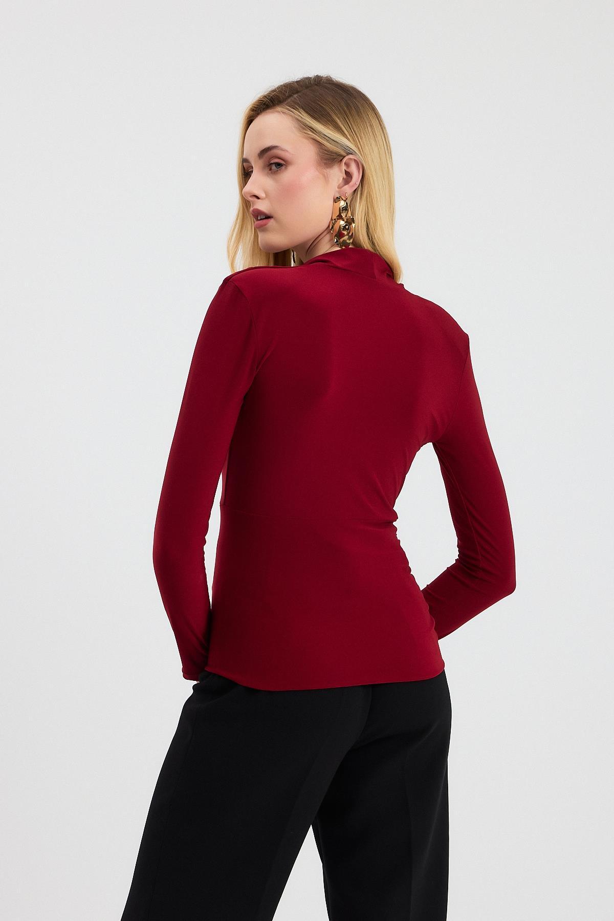 9256 Kruvaze Yaka Vatkalı Bluz Bordo - 5