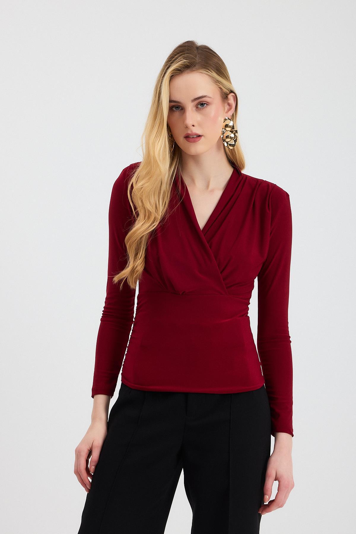 9256 Kruvaze Yaka Vatkalı Bluz Bordo - 6