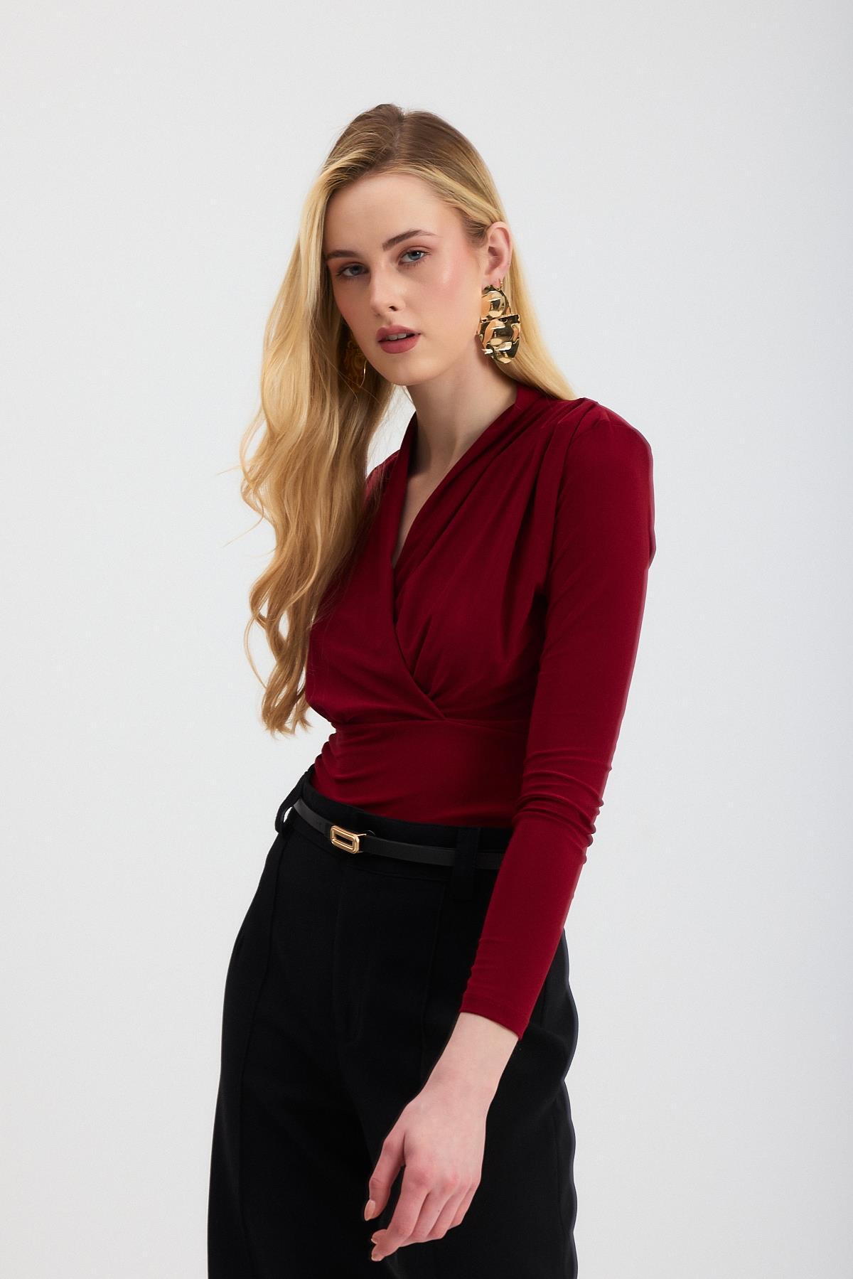 9256 Kruvaze Yaka Vatkalı Bluz Bordo - 7