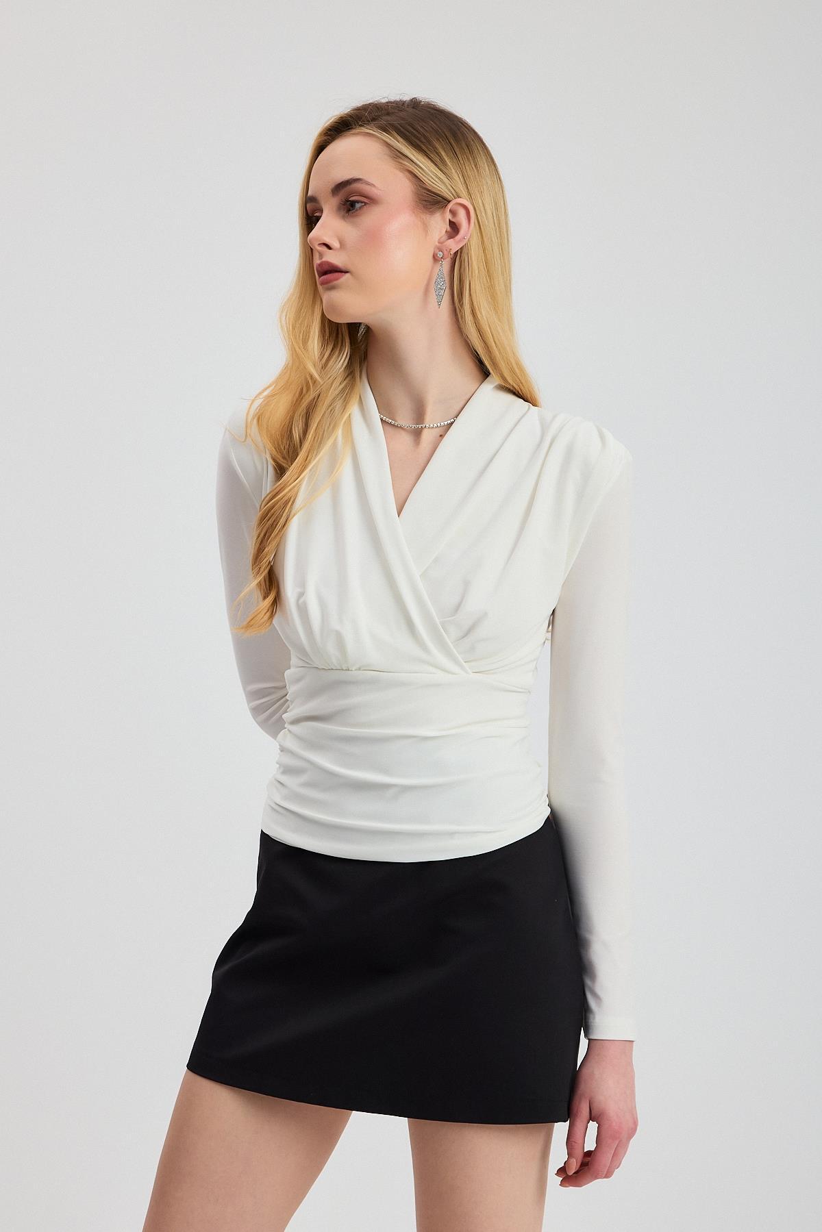 9256 Kruvaze Yaka Vatkalı Bluz Ekru - 2