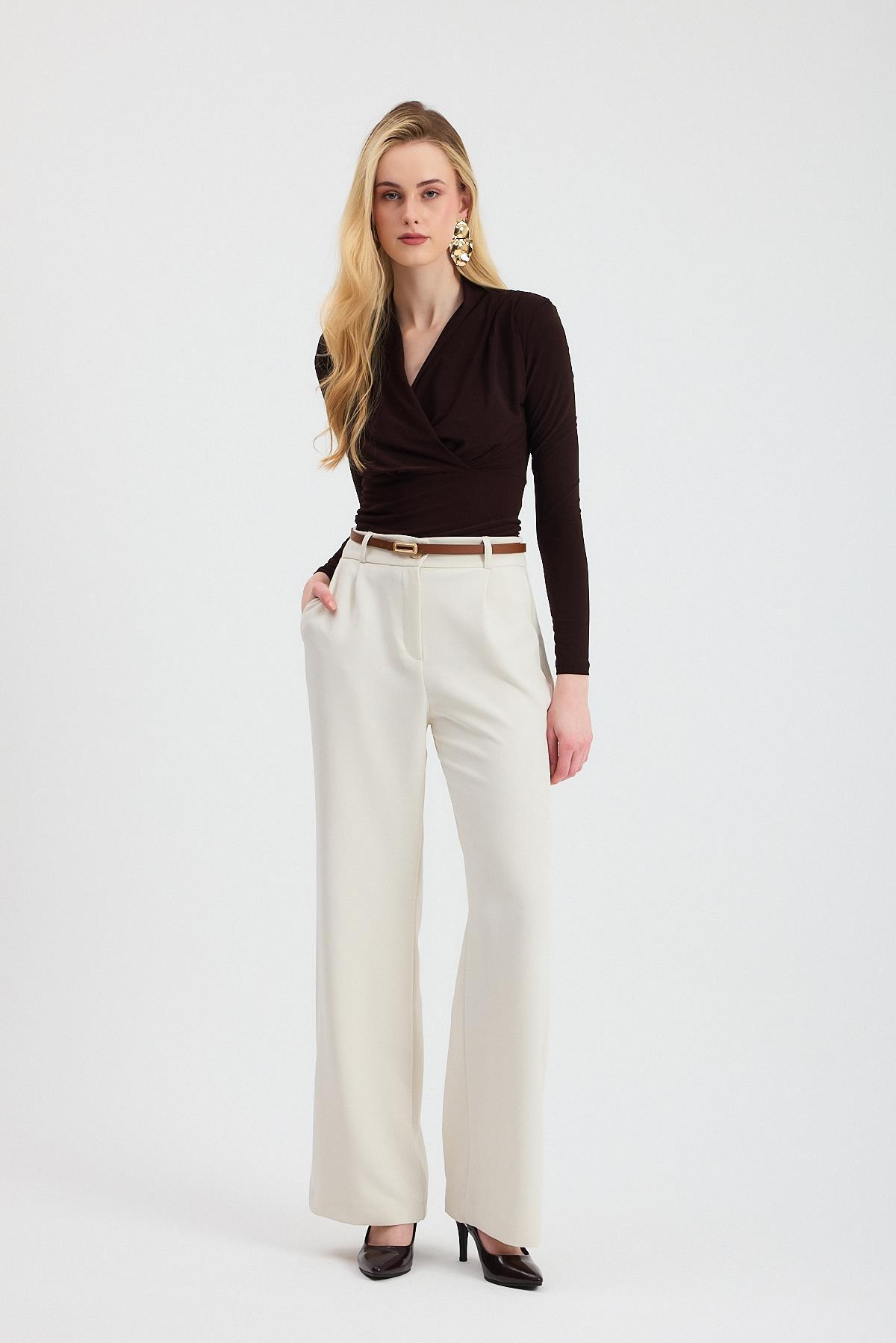 9256 Kruvaze Yaka Vatkalı Bluz Kahve - RAYS