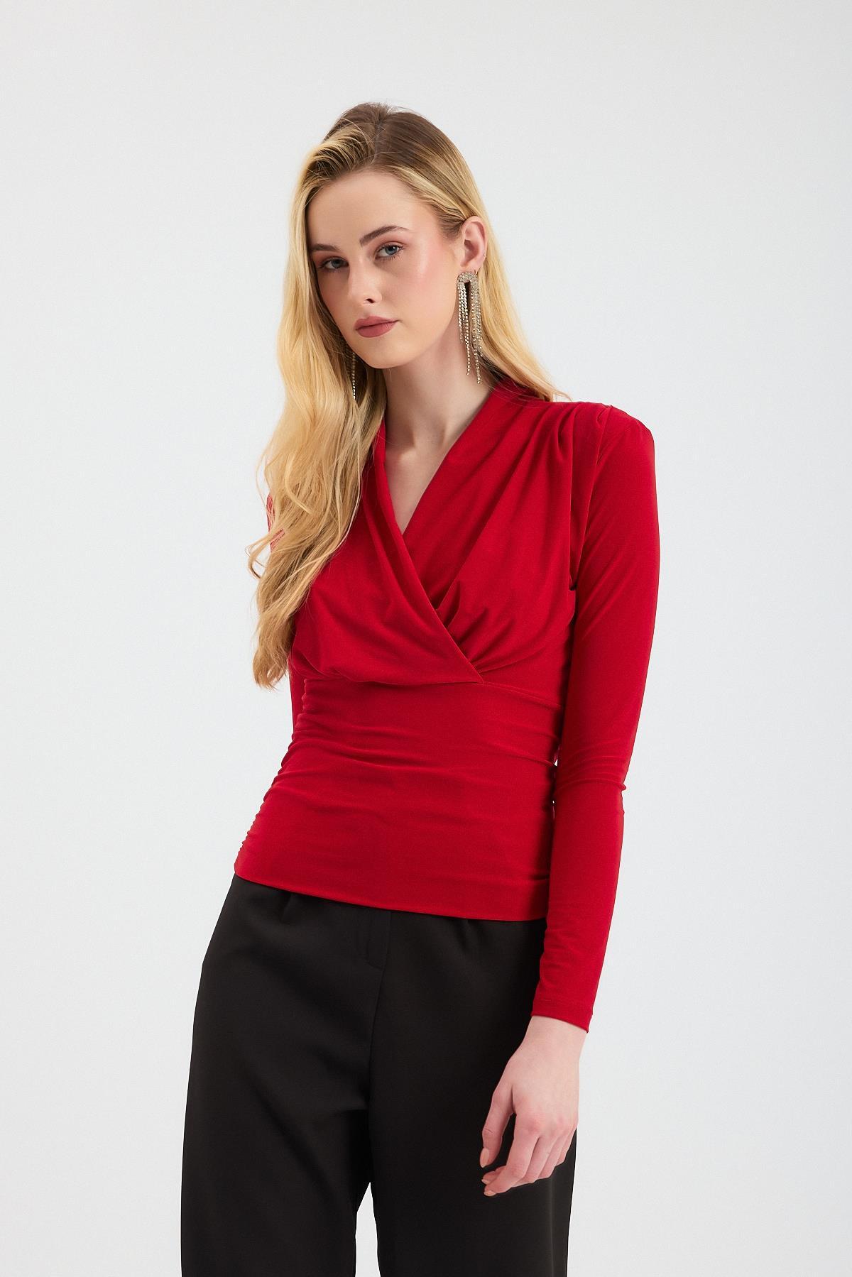 9256 Kruvaze Yaka Vatkalı Bluz Kırmızı - 6