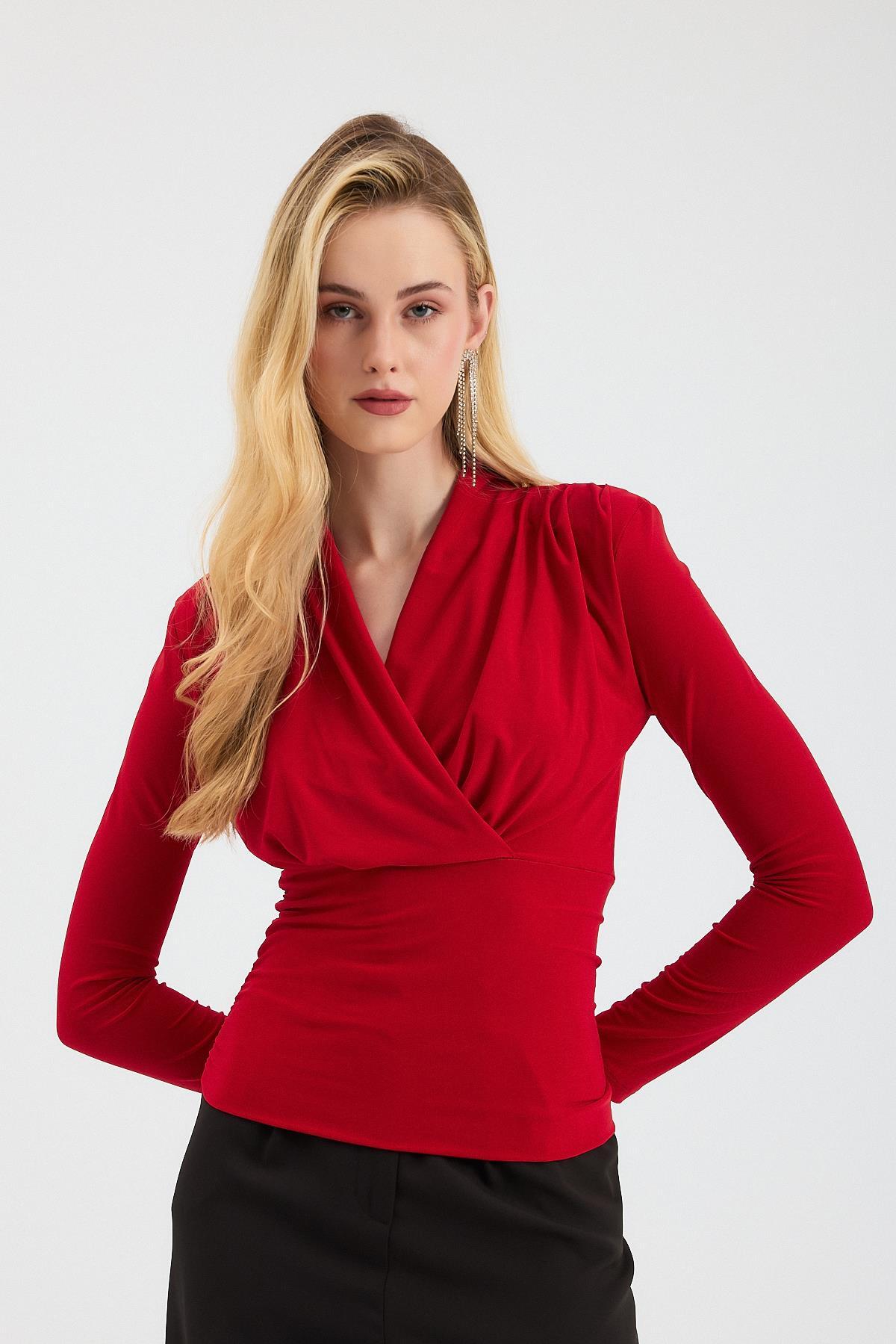 9256 Kruvaze Yaka Vatkalı Bluz Kırmızı - 7