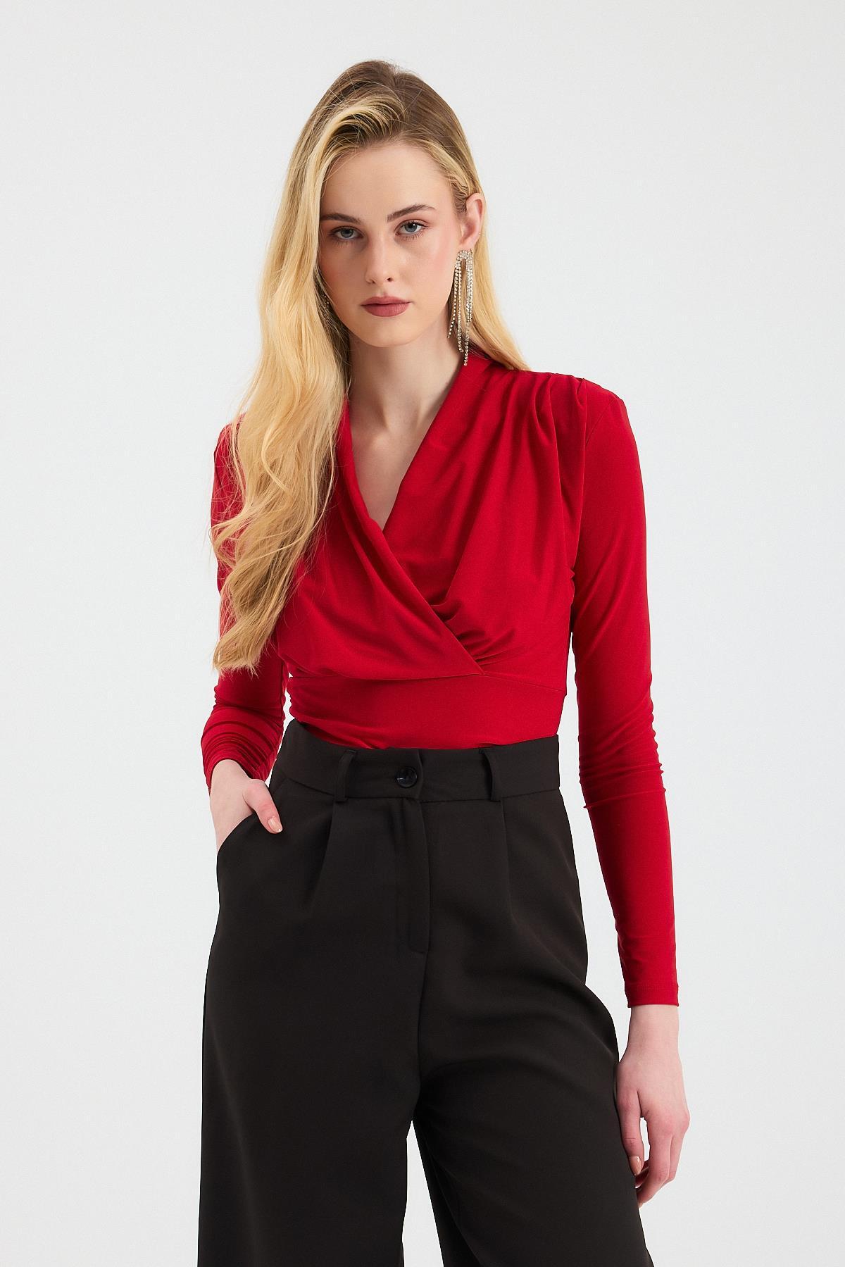 Kırmızı Kruvaze Yaka Vatkalı Bluz 9256 - 2