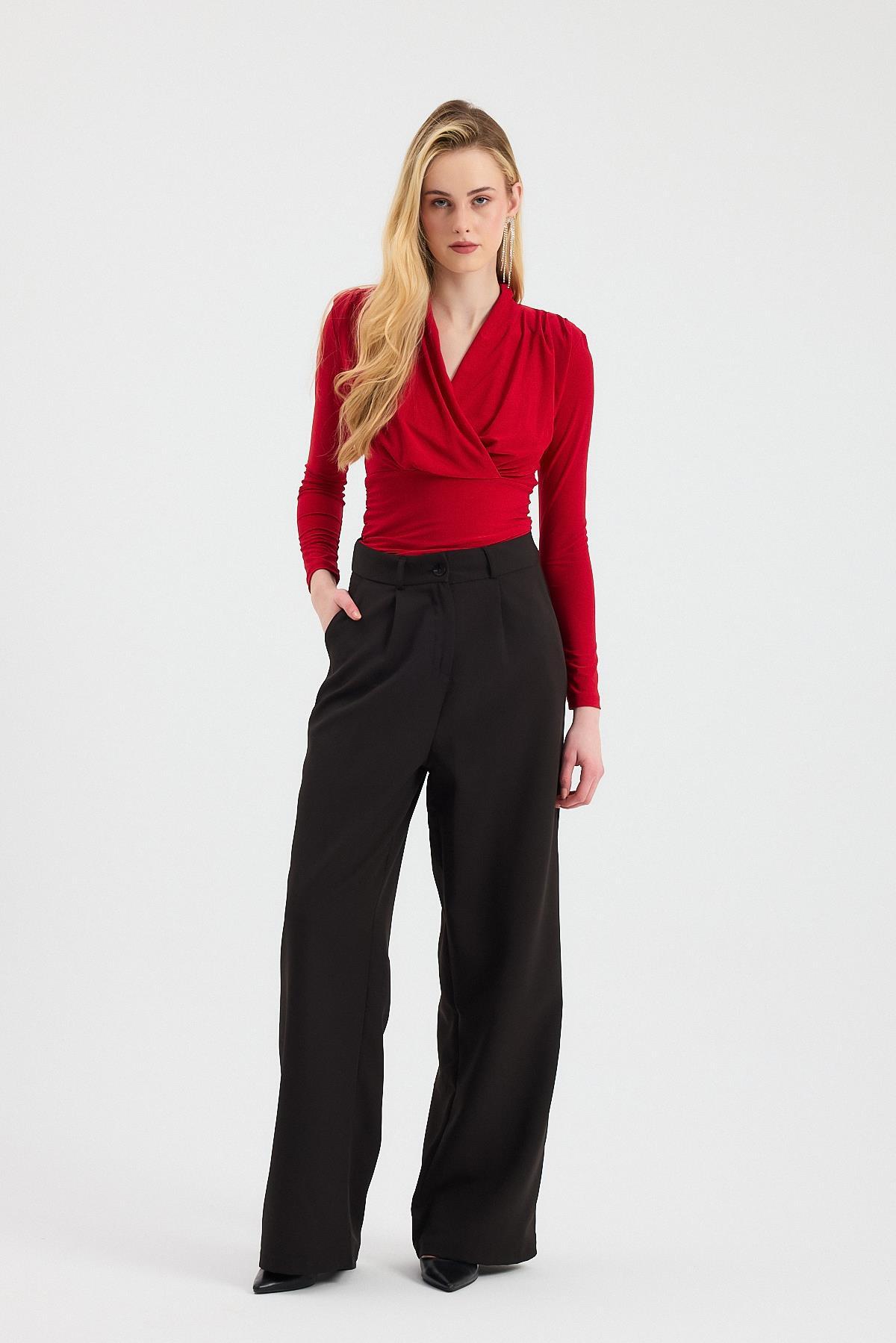 Kırmızı Kruvaze Yaka Vatkalı Bluz 9256 - 3