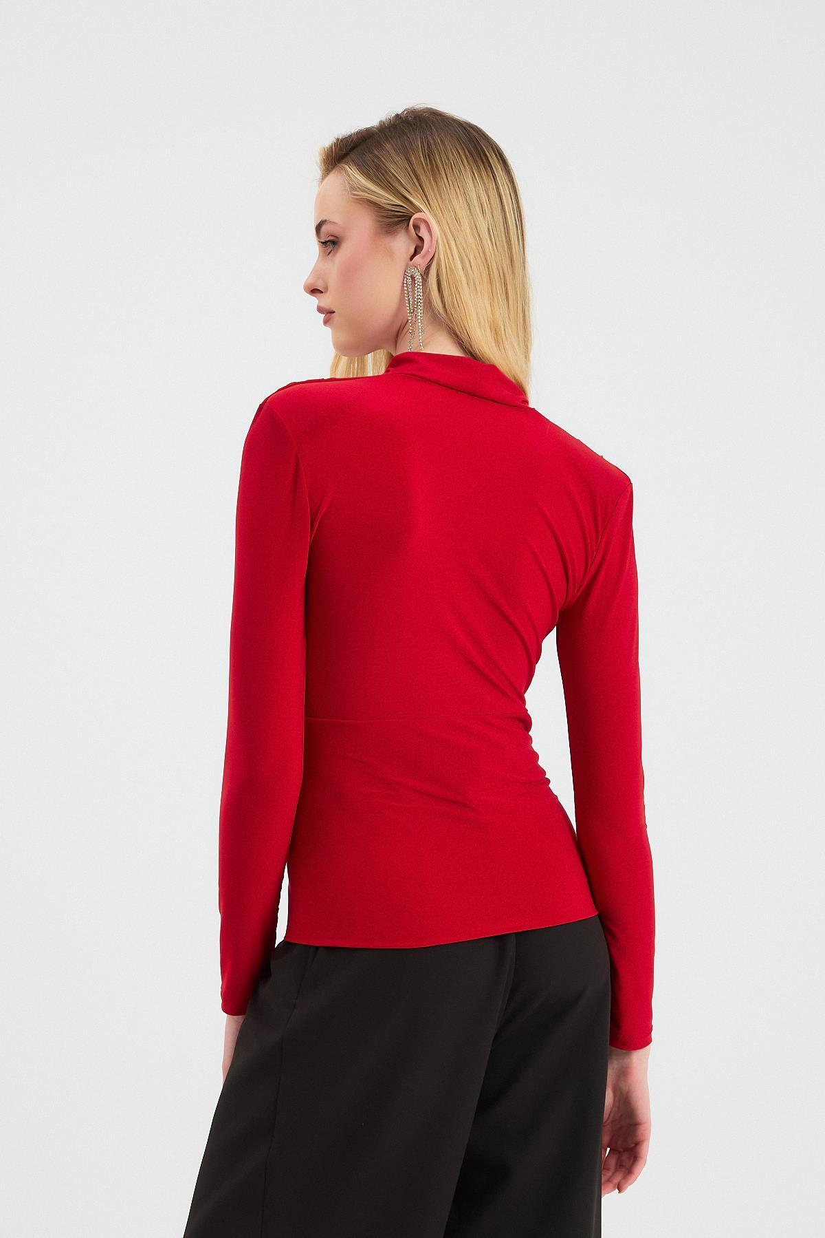 Kırmızı Kruvaze Yaka Vatkalı Bluz 9256 - 5