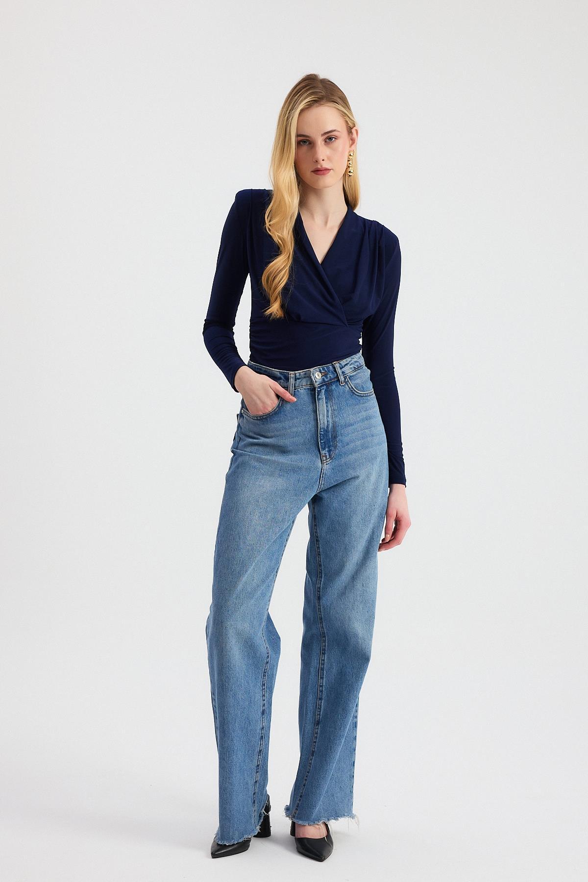 9256 Kruvaze Yaka Vatkalı Bluz Laci - 3