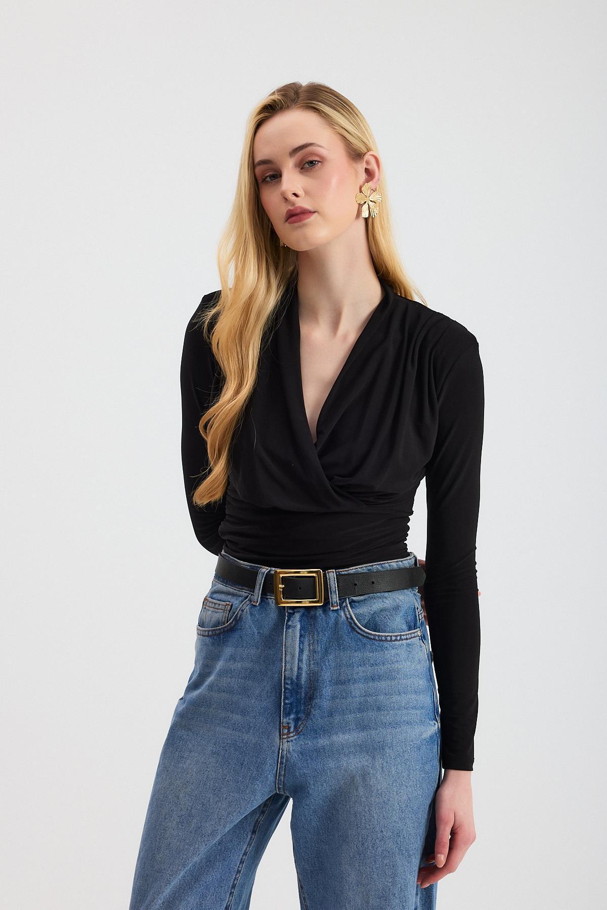 Siyah Kruvaze Yaka Vatkalı Bluz 9256 - 2